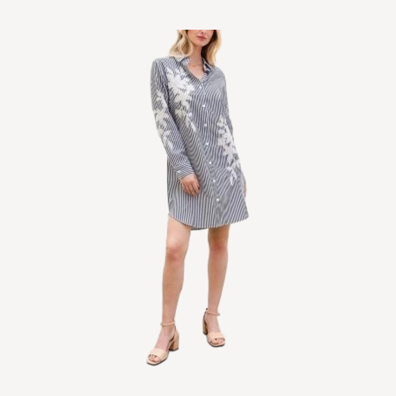 Karen Kane Roll Tab Stripe Embroidered Shirt Dress