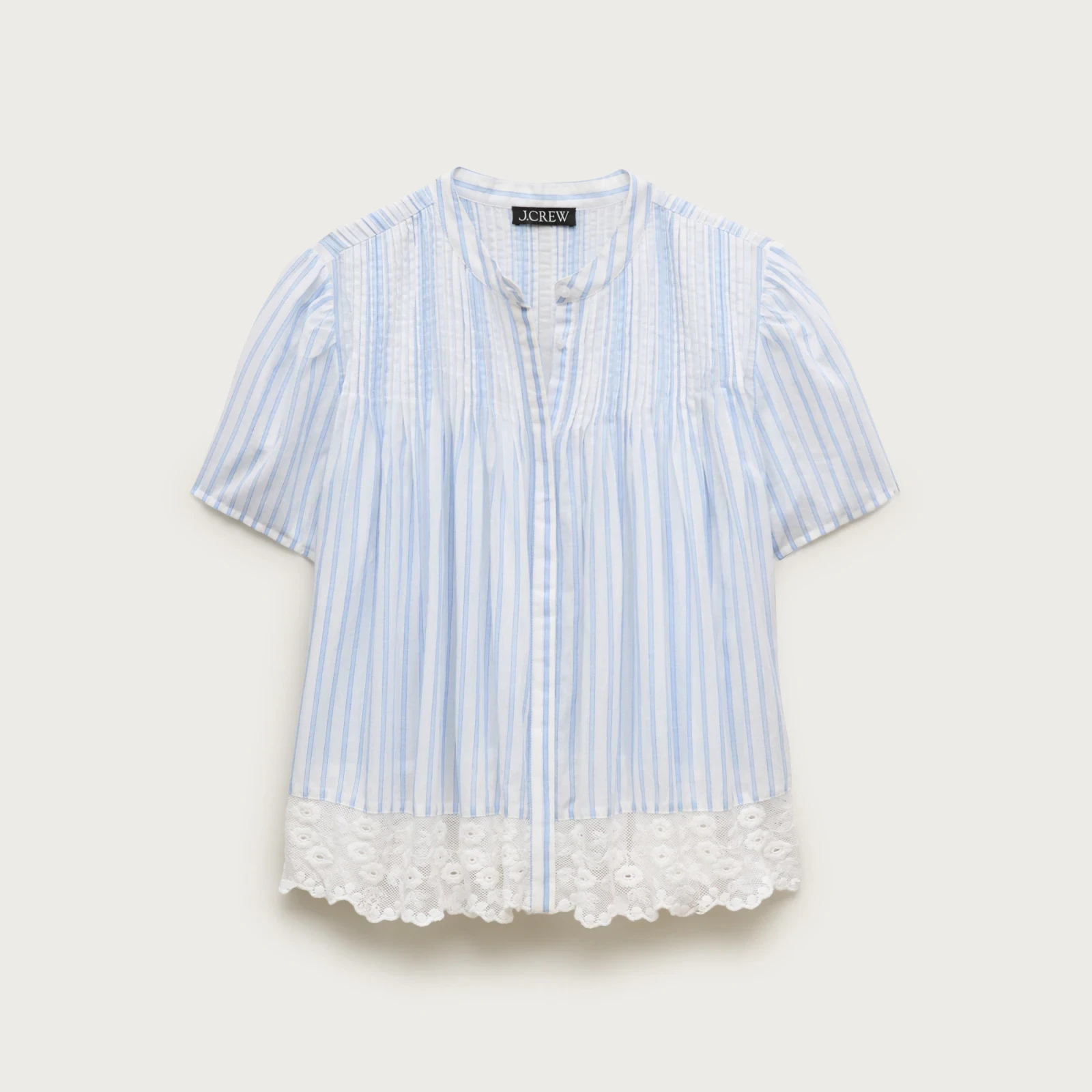 Lace-trim short-sleeve button-up top in cotton voile