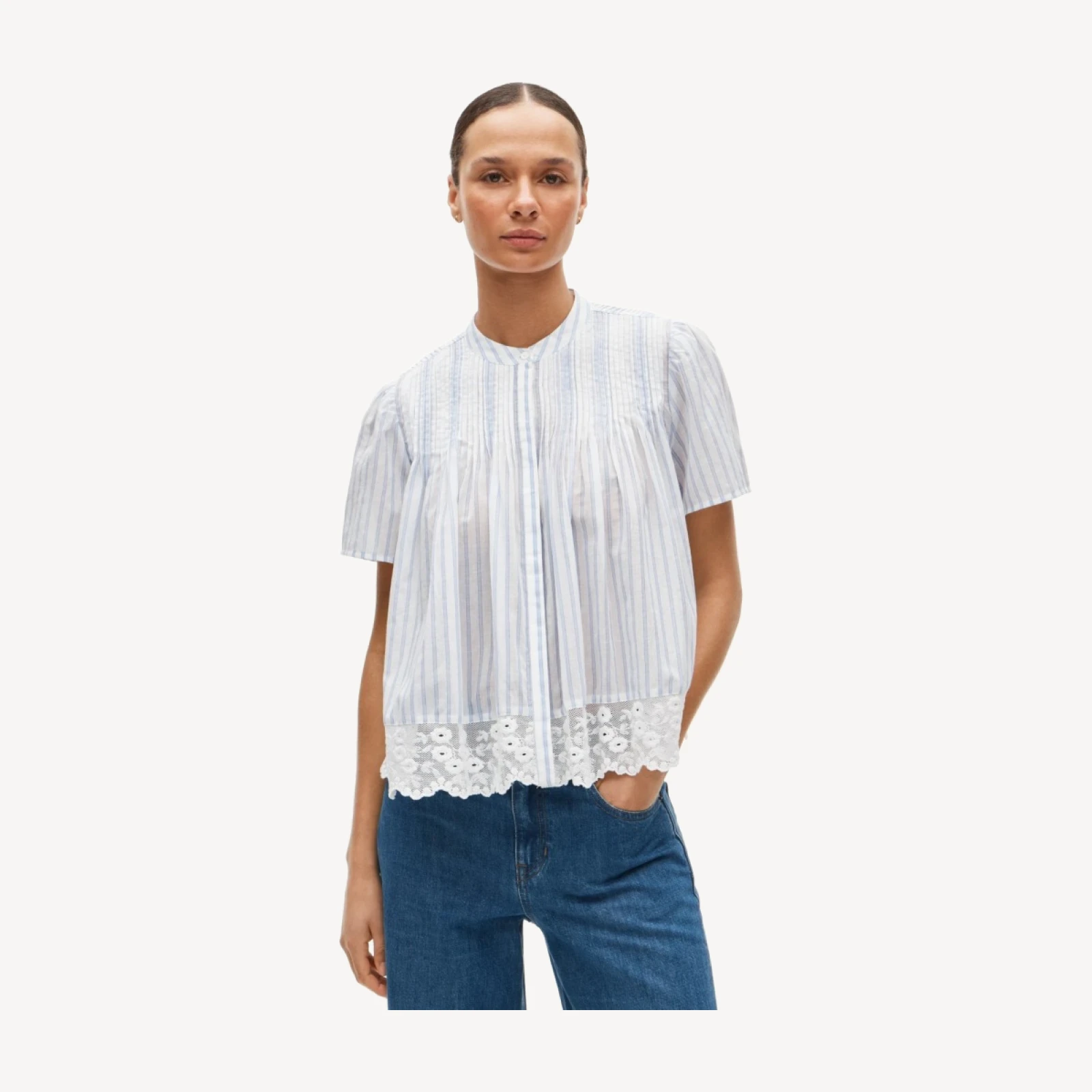 Lace-trim short-sleeve button-up top in cotton voile