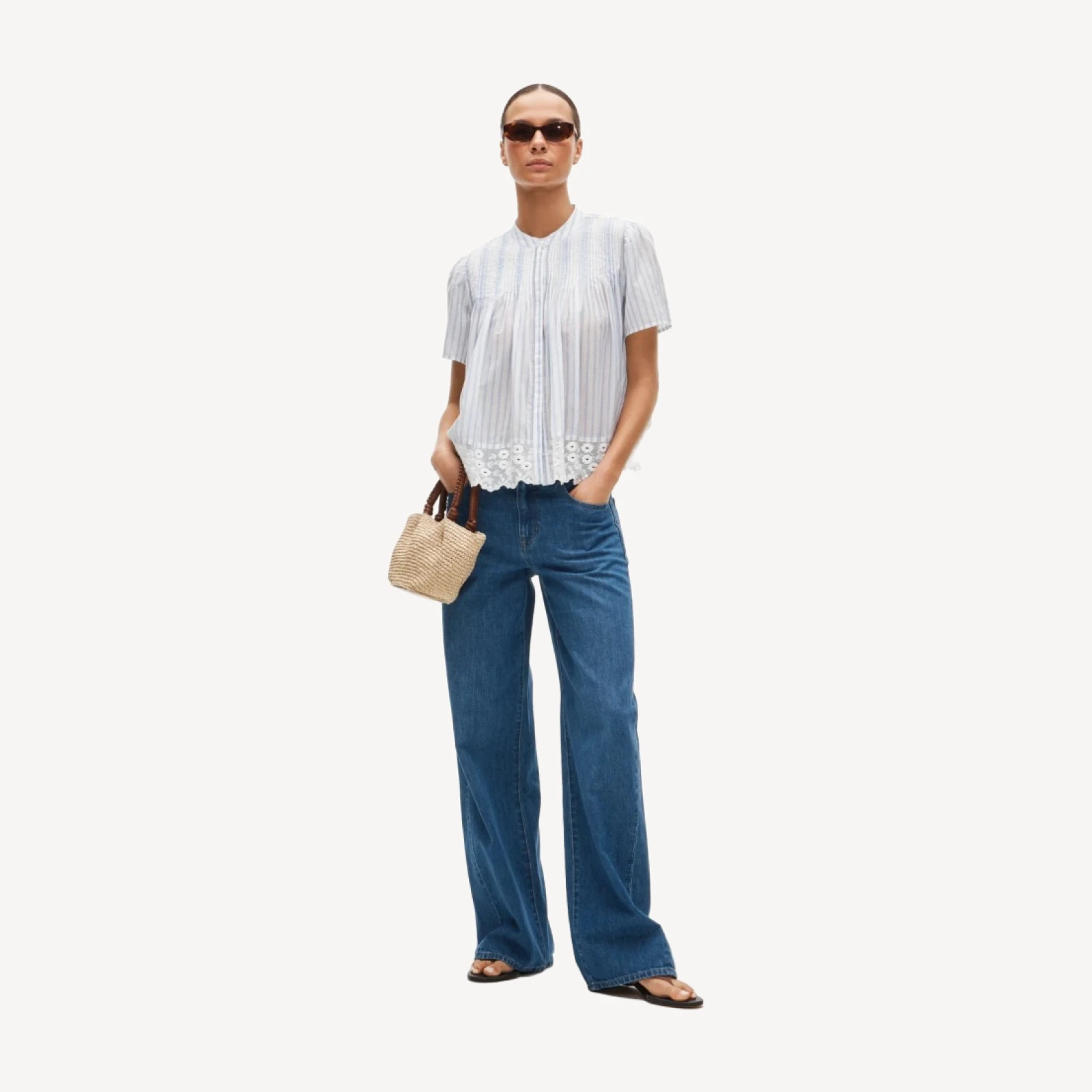 Lace-trim short-sleeve button-up top in cotton voile