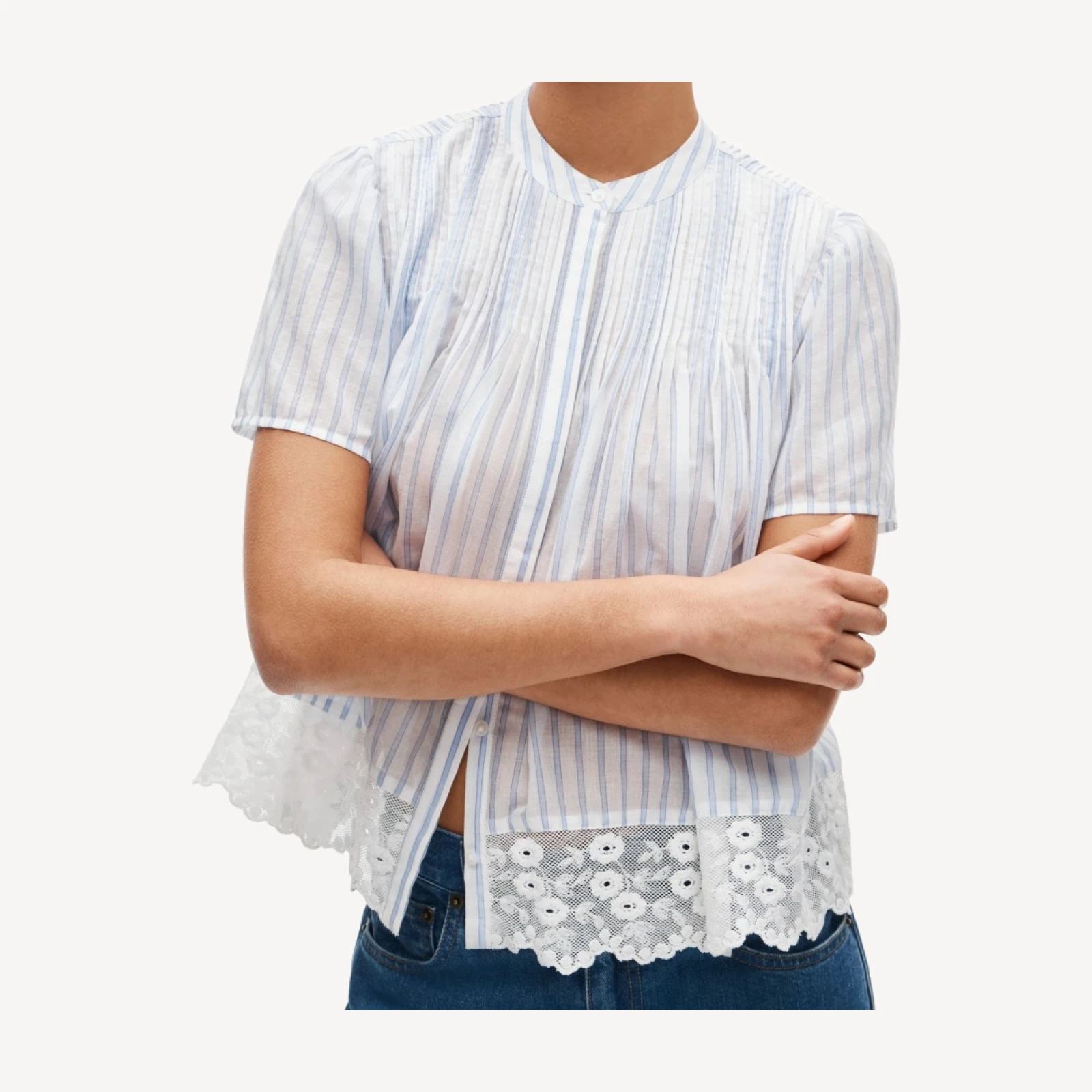 Lace-trim short-sleeve button-up top in cotton voile