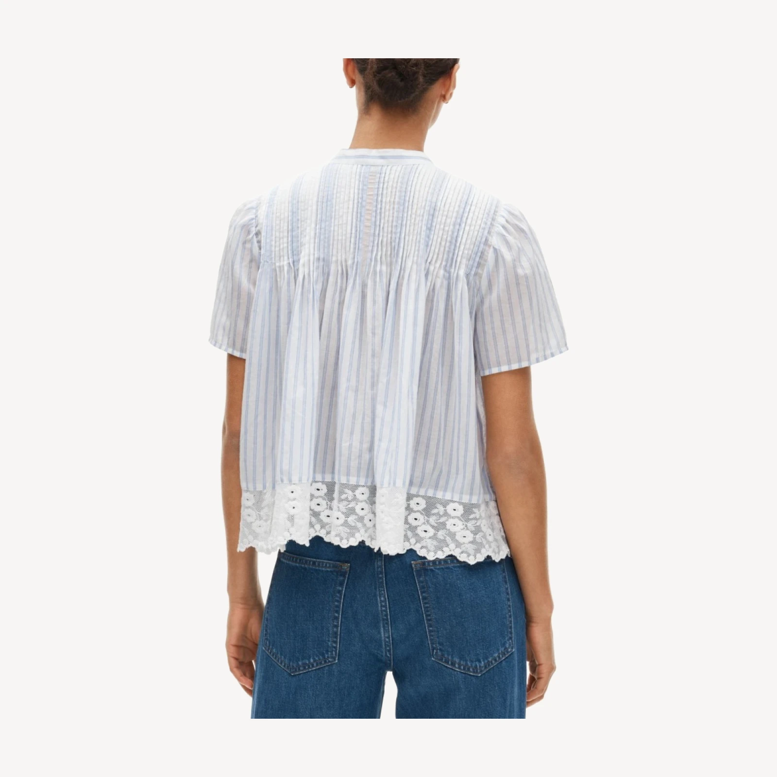 Lace-trim short-sleeve button-up top in cotton voile