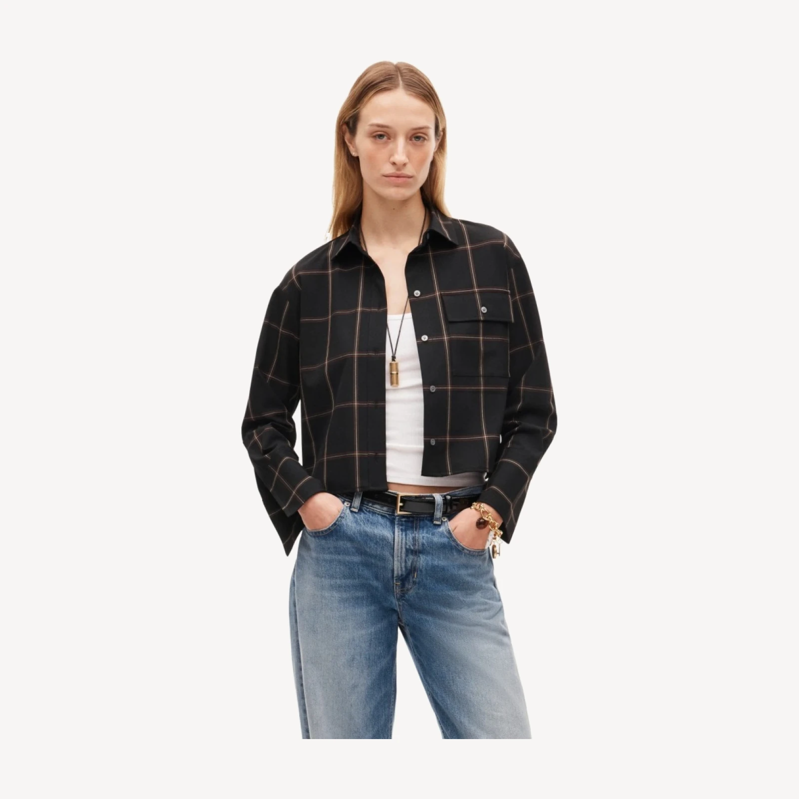 Esme cropped button-up shirt in plaid Gramercy suiting