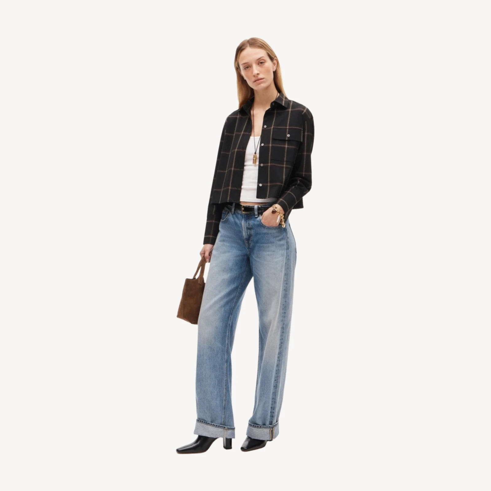 Esme cropped button-up shirt in plaid Gramercy suiting
