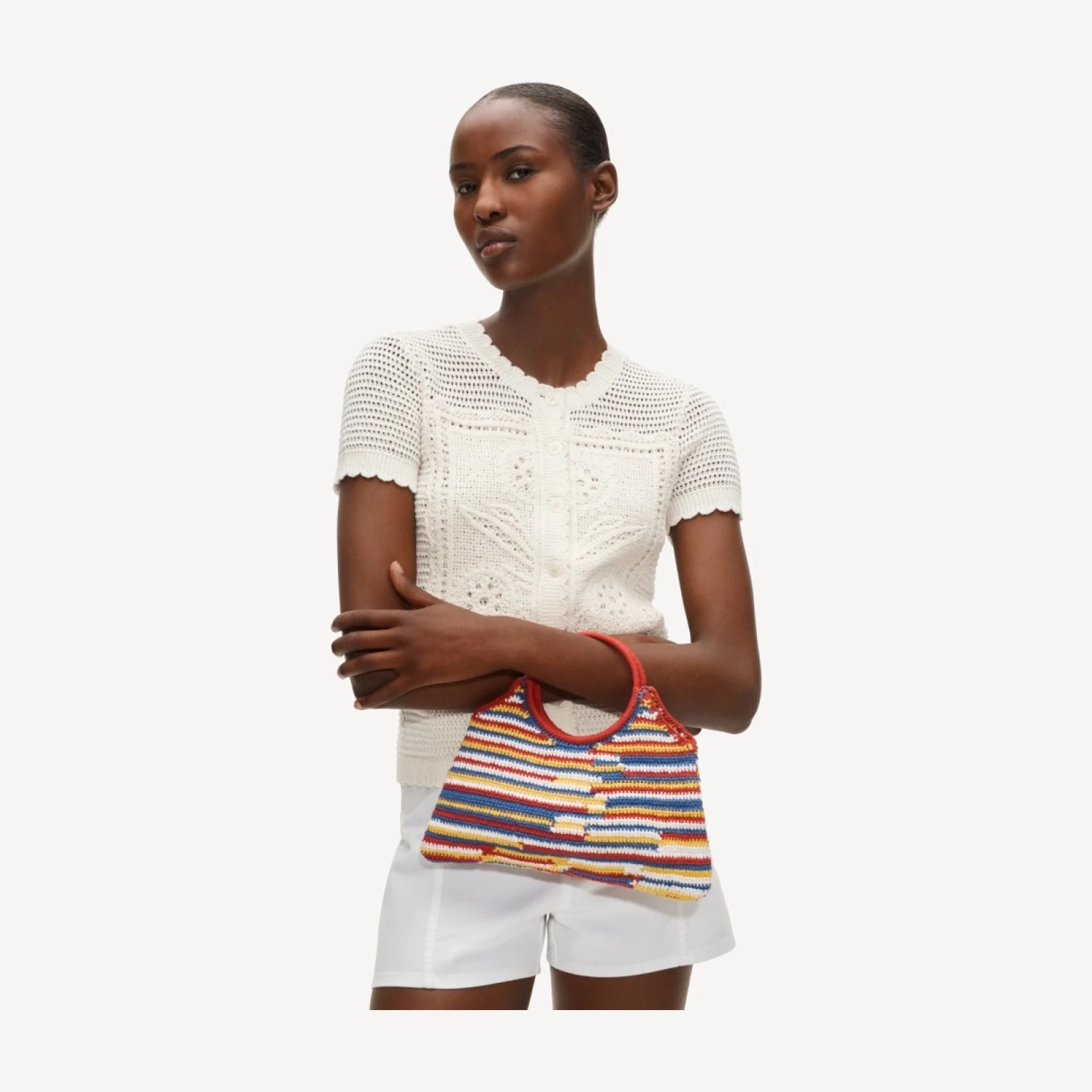 Handcrocheted top-handle bag in stripe