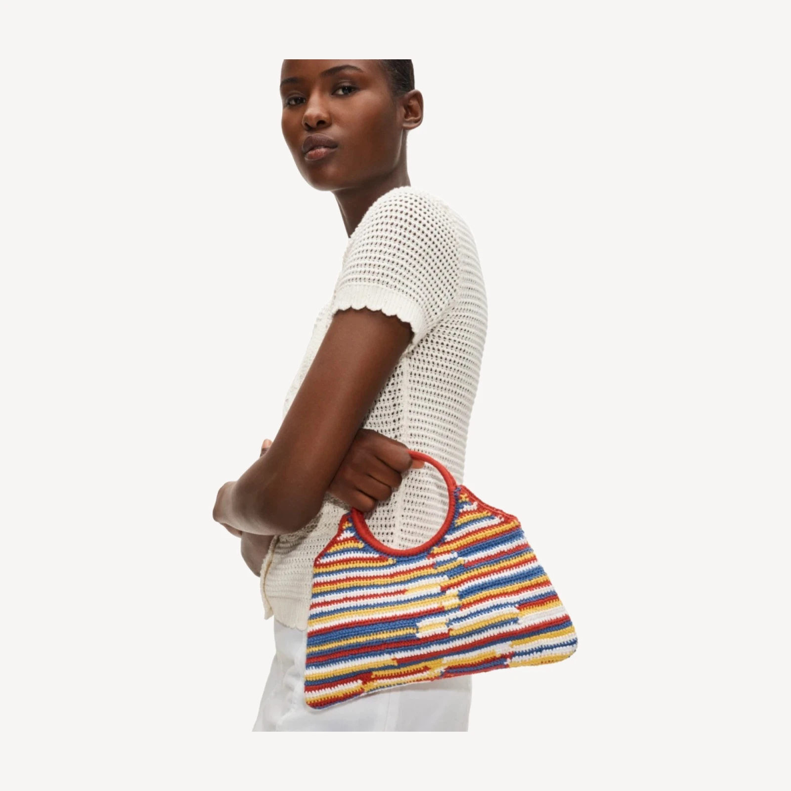 Handcrocheted top-handle bag in stripe