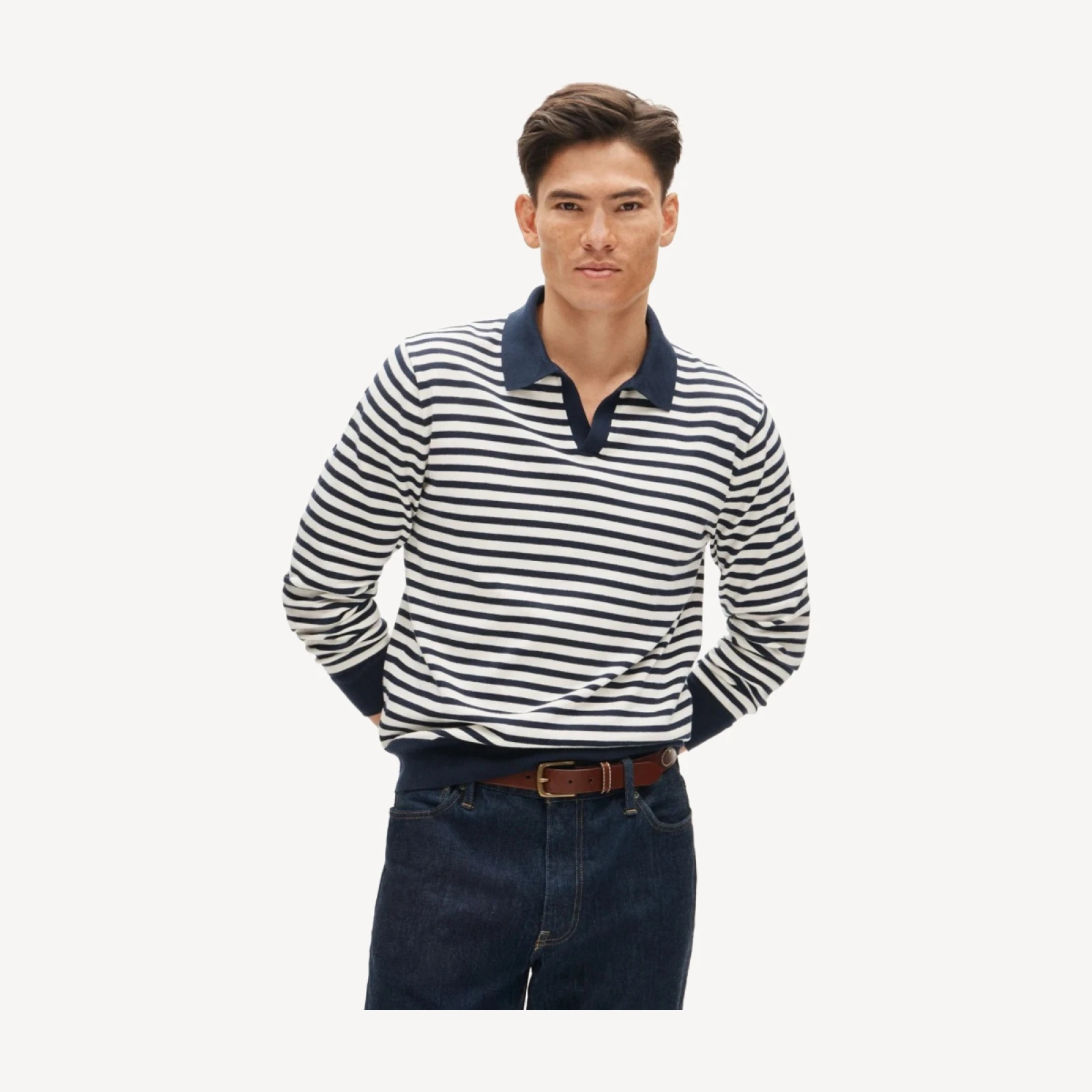 Cotton johnny-collar sweater-polo in stripe