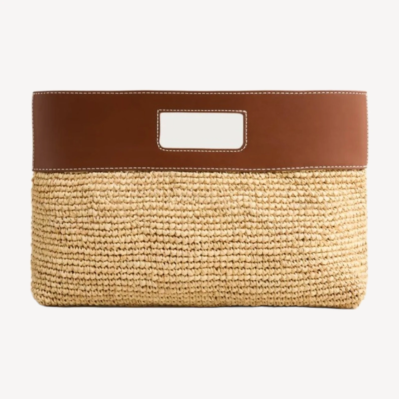 Handknotted raffia rectangular clutch with leather handles