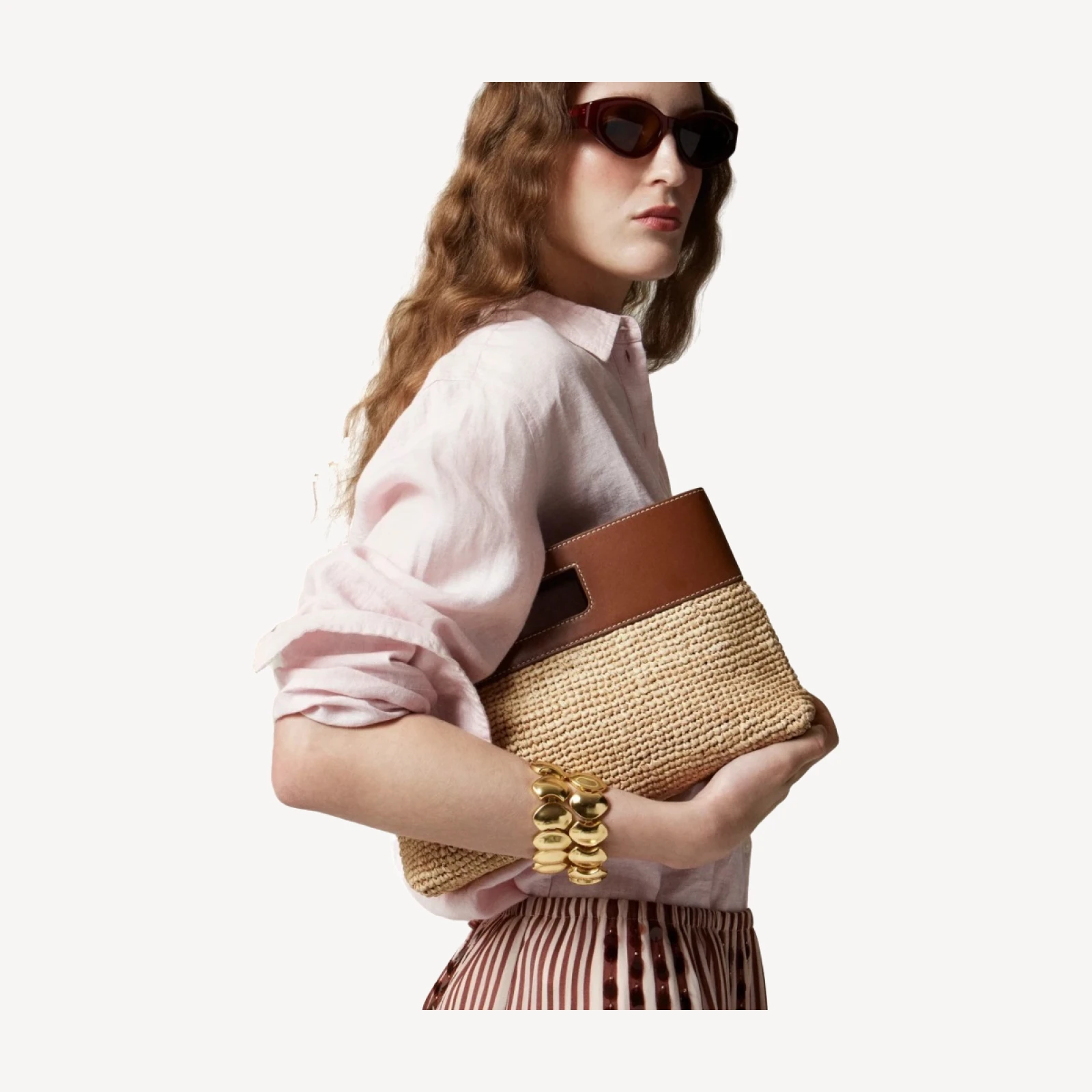 Handknotted raffia rectangular clutch with leather handles