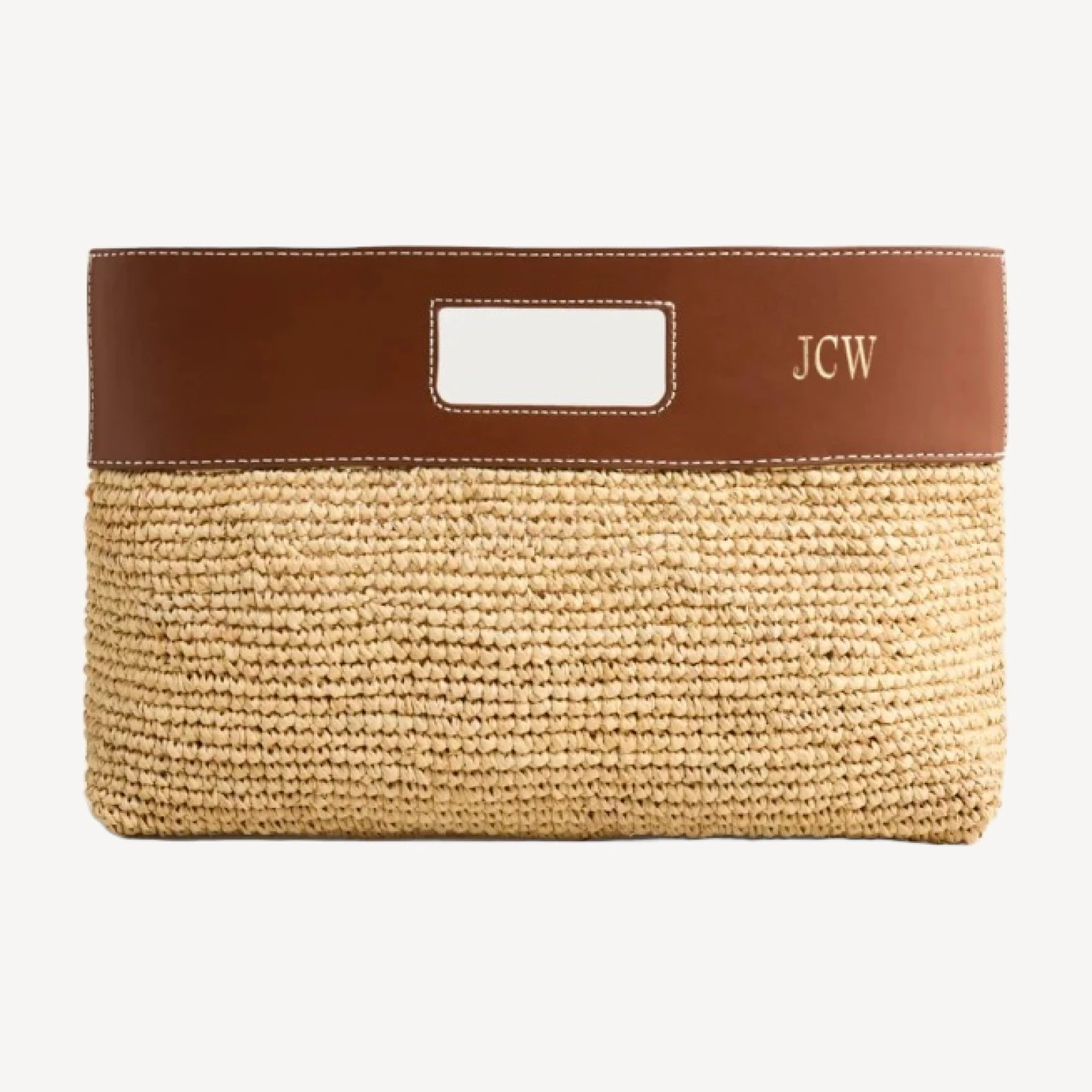 Handknotted raffia rectangular clutch with leather handles