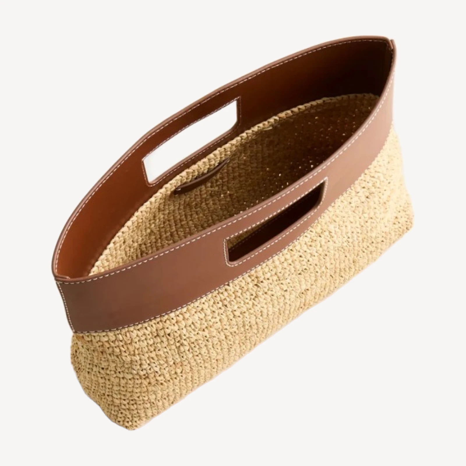 Handknotted raffia rectangular clutch with leather handles