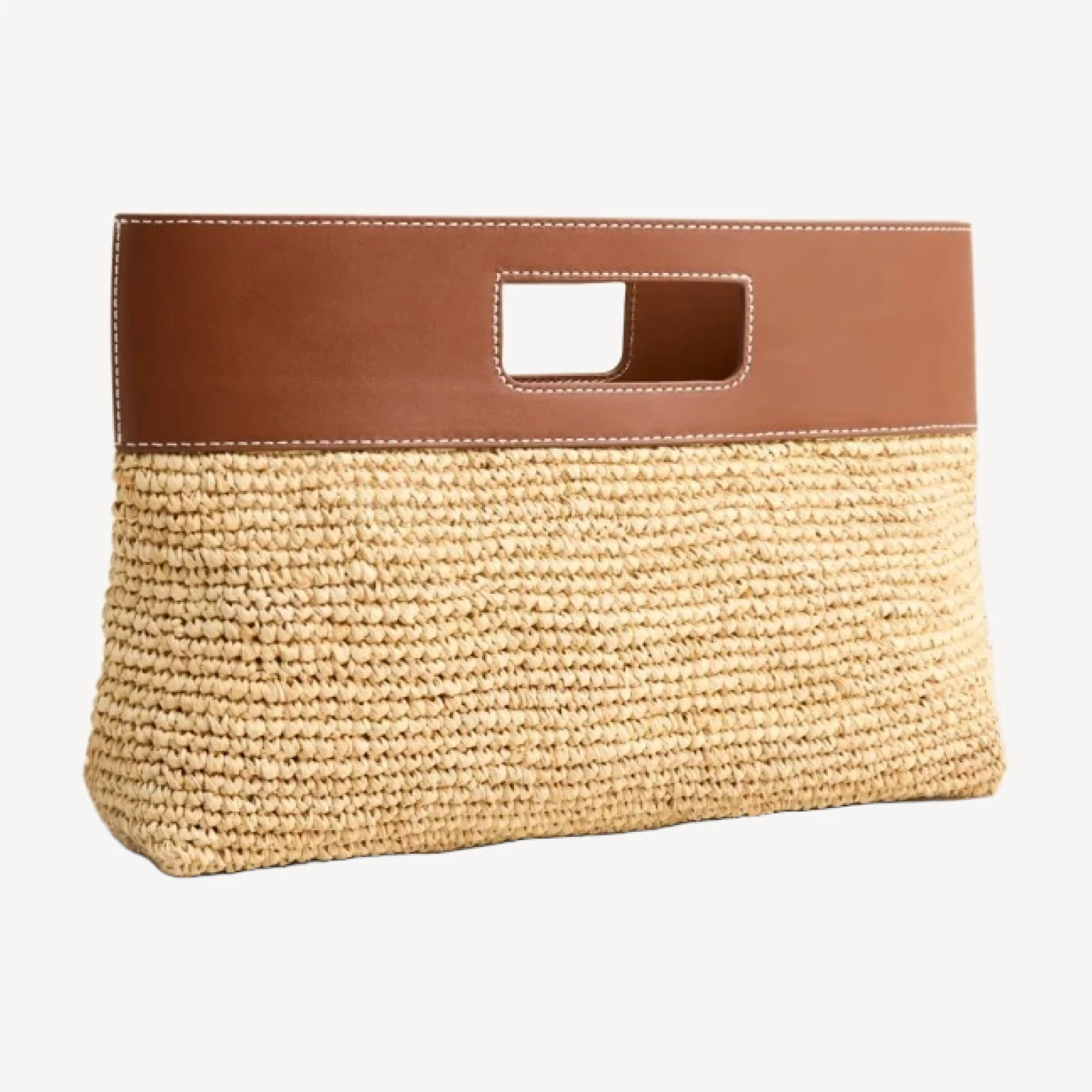 Handknotted raffia rectangular clutch with leather handles