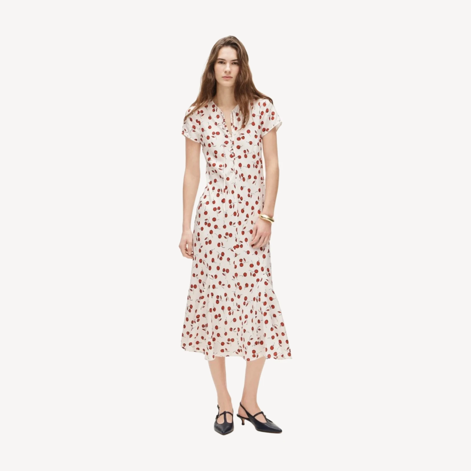Short-sleeve slip dress in cherry print