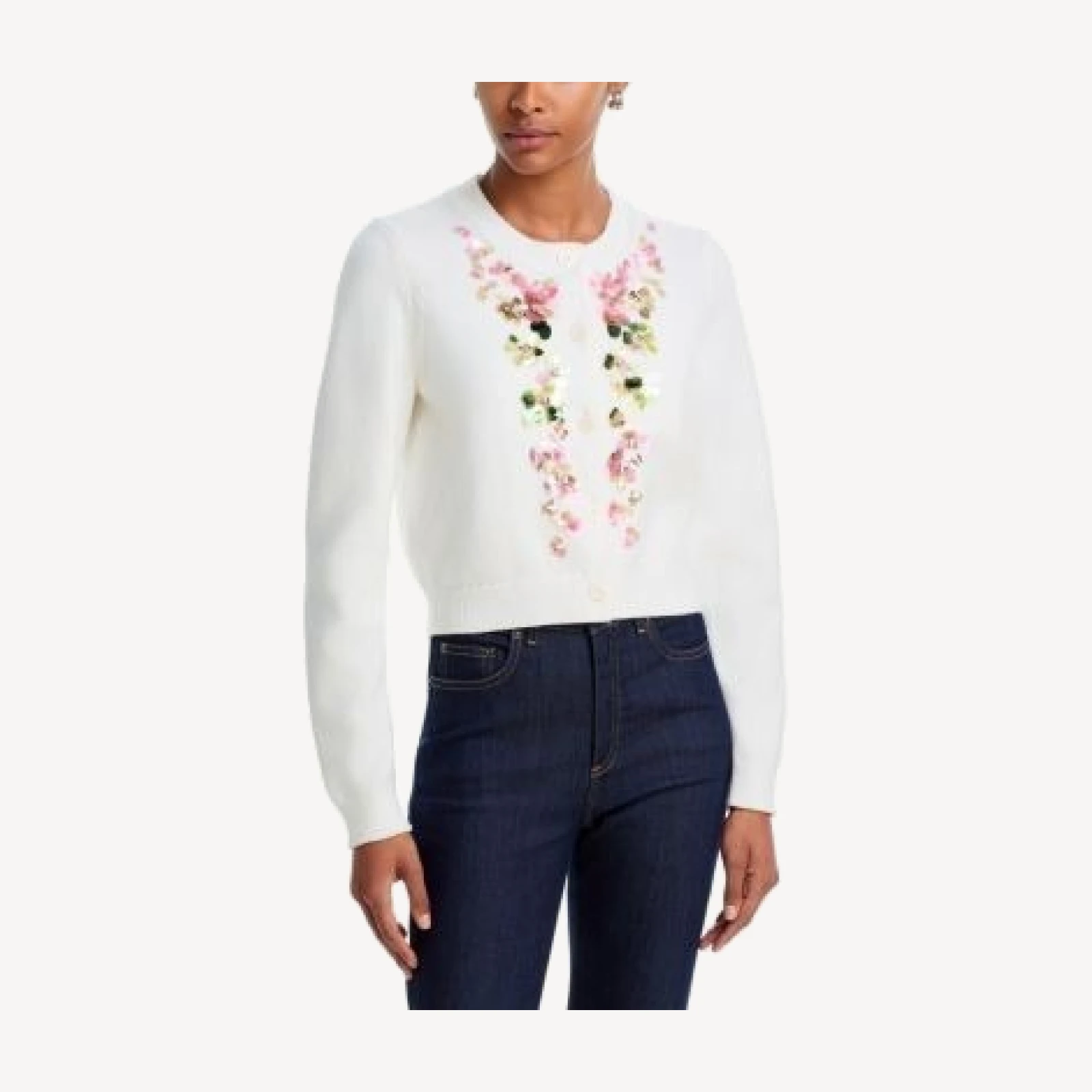 Cinq a Sept Waterfall Paillettes Cotton Blend Crewneck Cardigan