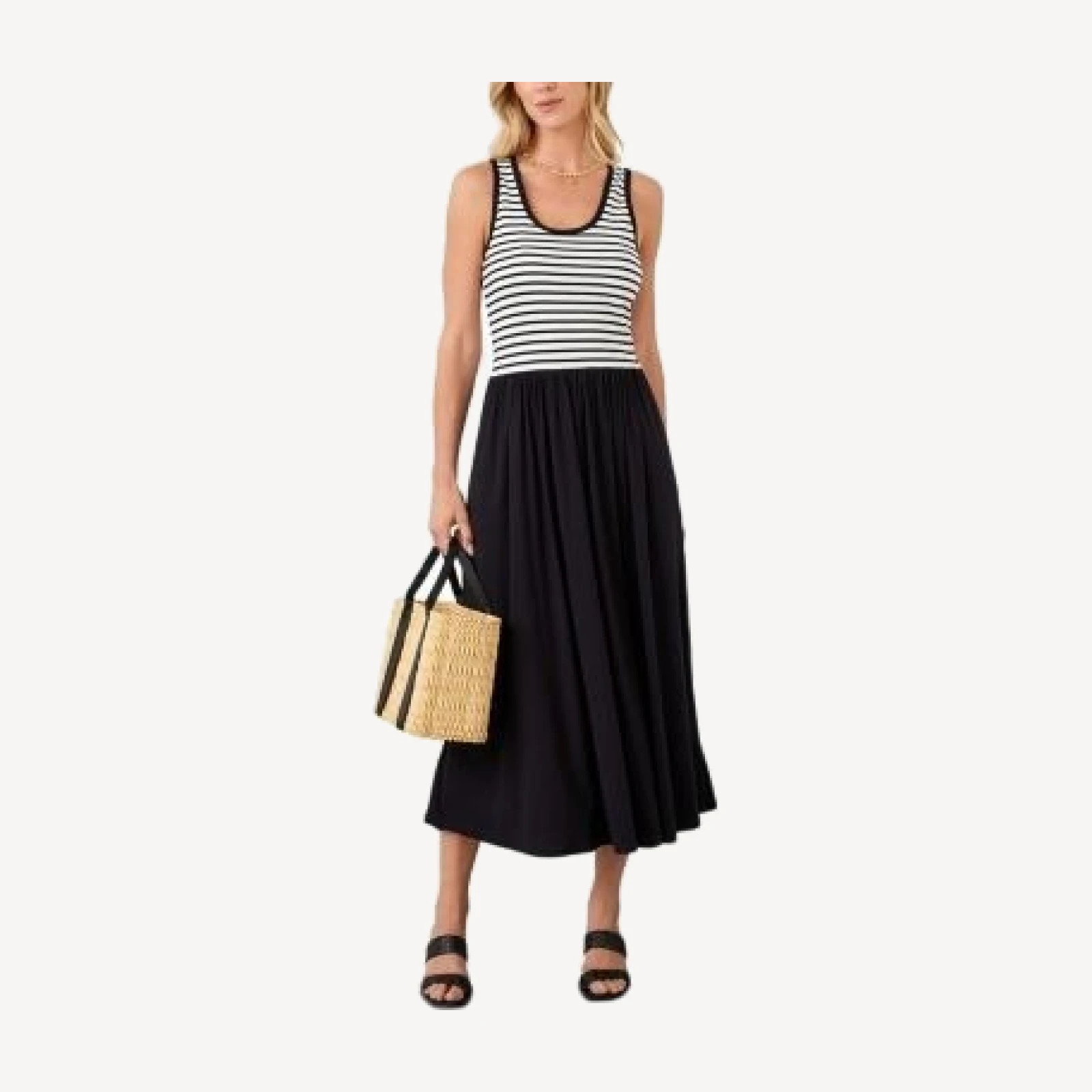 Karen Kane Sleeveless Stripe Bodice Mixed Media Midi Dress