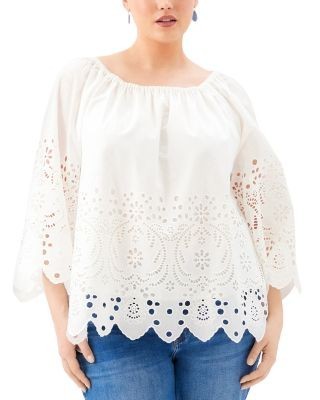 Karen Kane Plus Size Cutout Embroidery Flare Sleeve Peasant Top