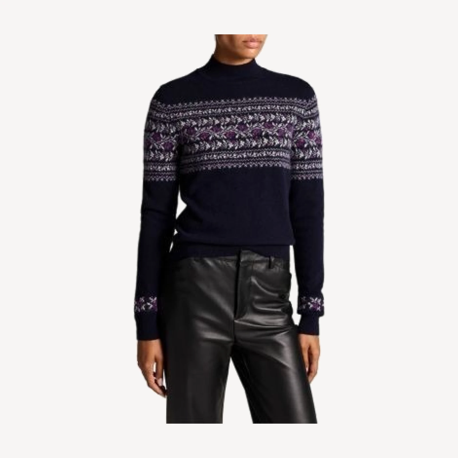 Vince Cashmere Flower Fair Isle Mock Neck Sweater