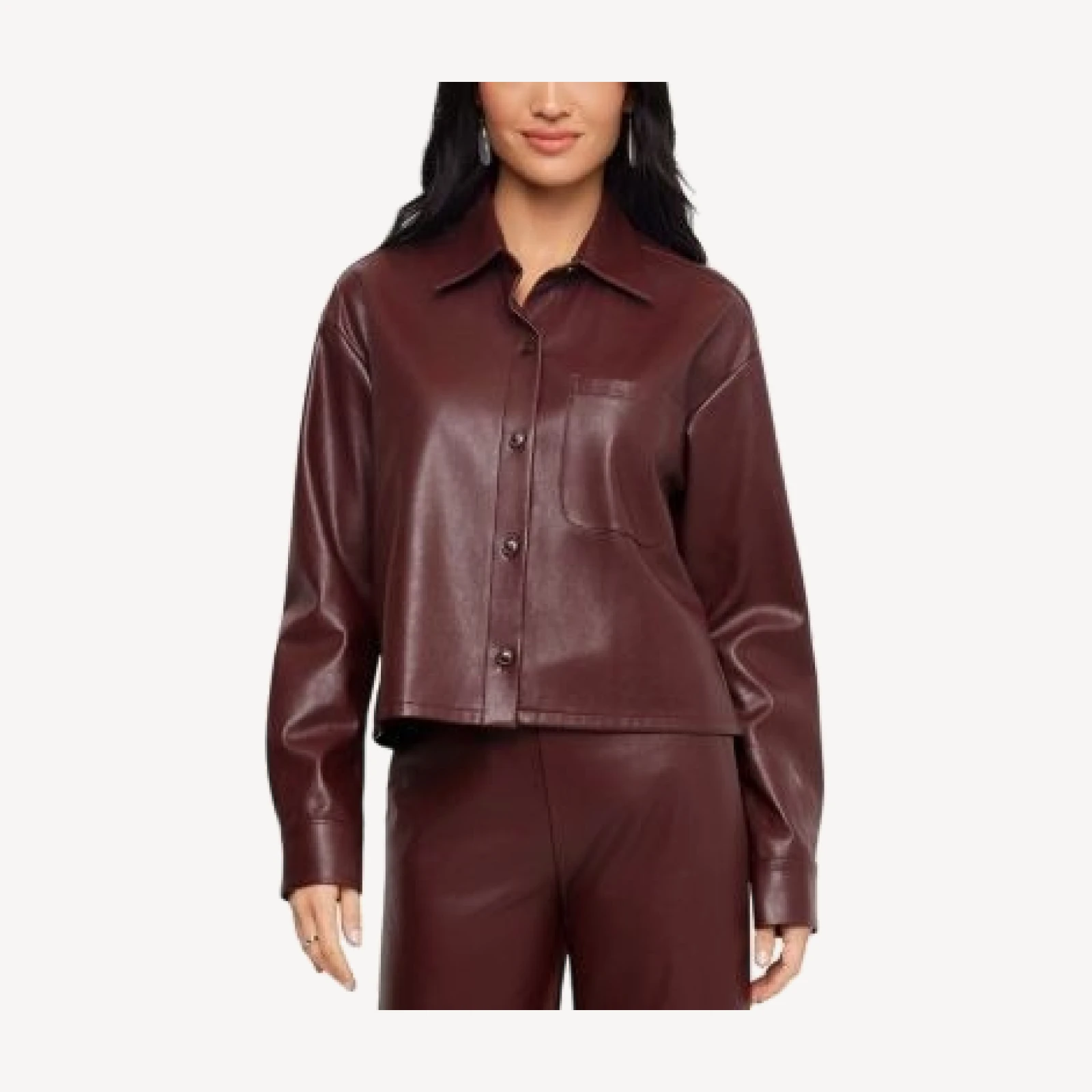 Karen Kane Faux Leather Long Sleeve Button Up Shirt