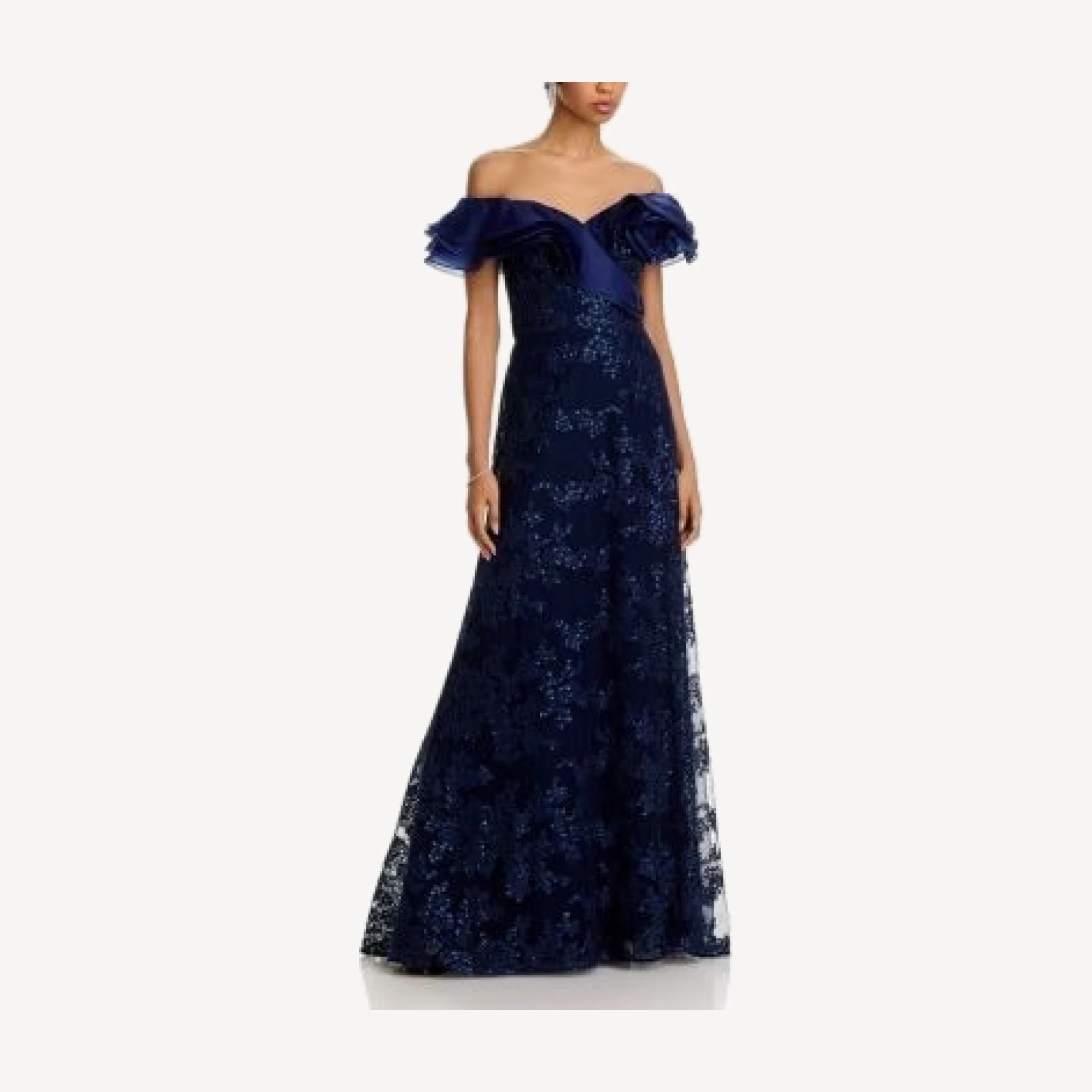 Teri Jon by Rickie Freeman Organza Off Shoulder Sequin Embroidered Tulle Gown
