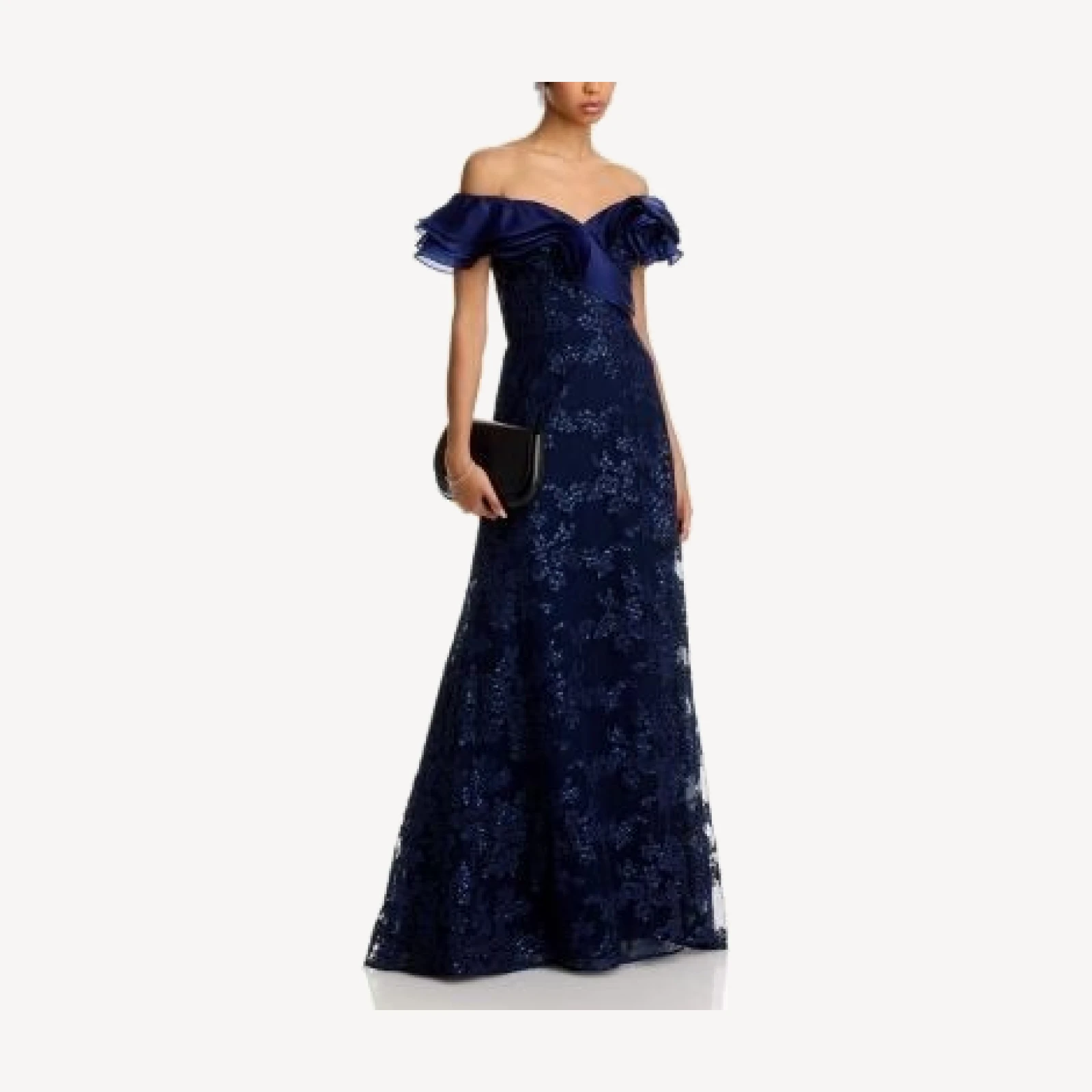 Teri Jon by Rickie Freeman Organza Off Shoulder Sequin Embroidered Tulle Gown