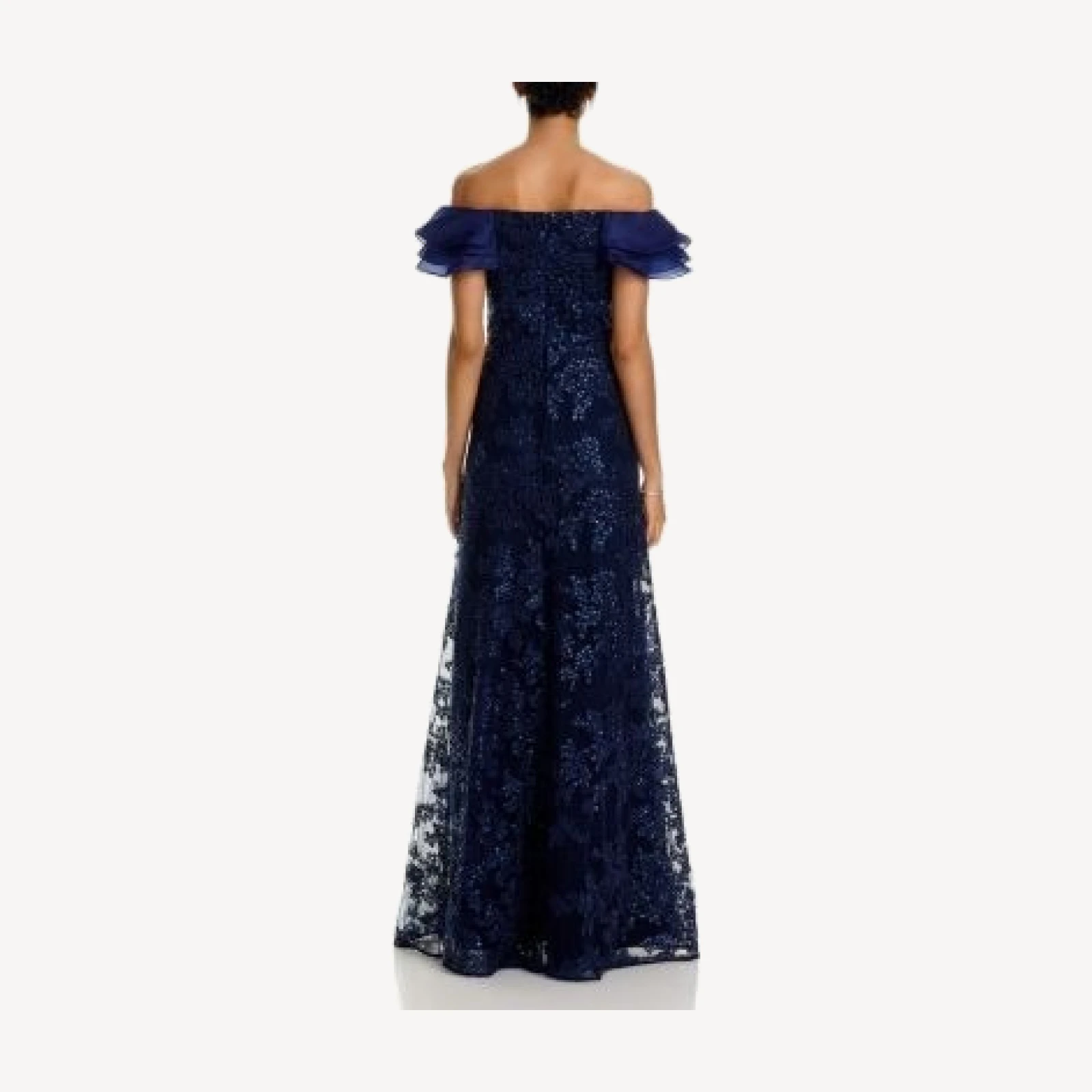 Teri Jon by Rickie Freeman Organza Off Shoulder Sequin Embroidered Tulle Gown