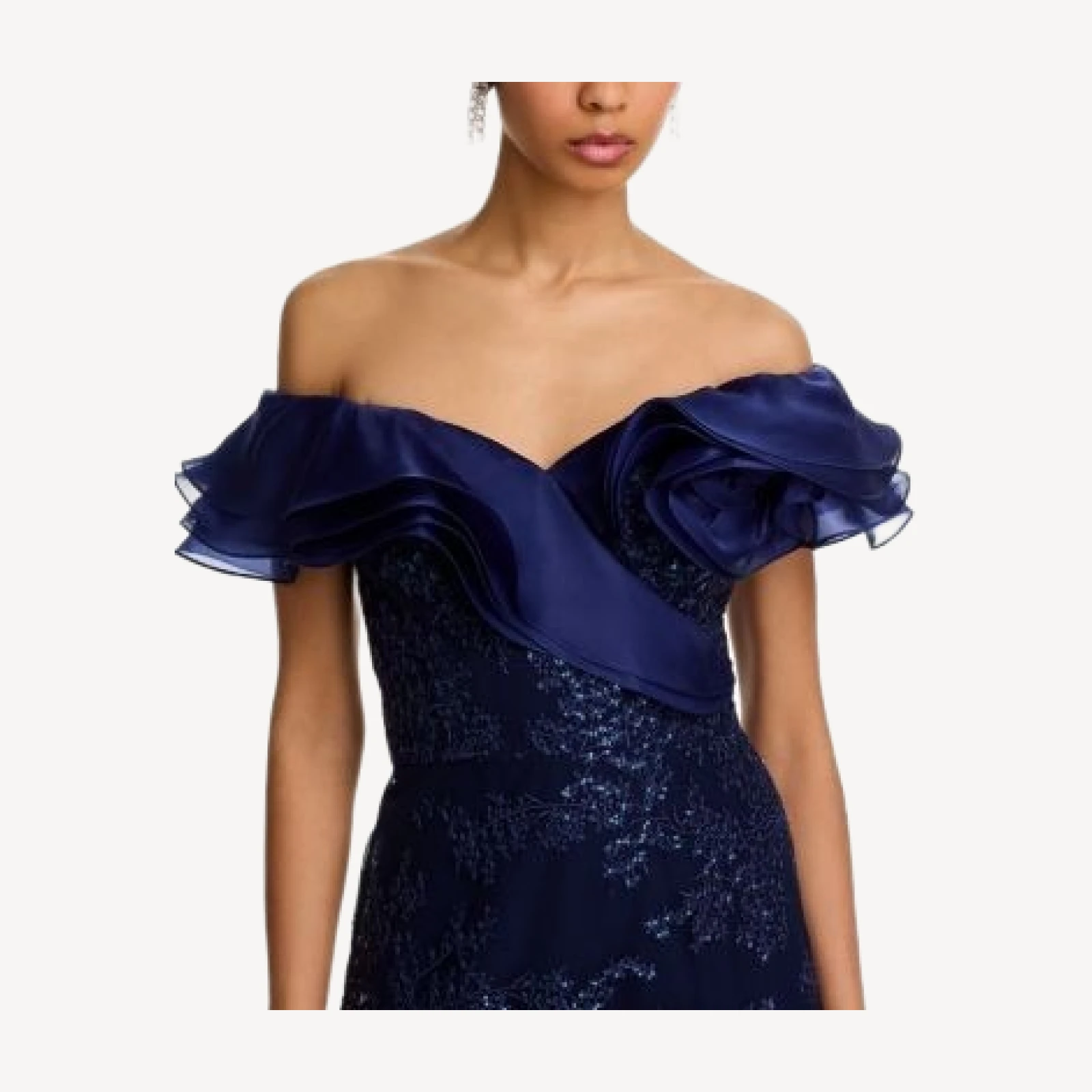 Teri Jon by Rickie Freeman Organza Off Shoulder Sequin Embroidered Tulle Gown