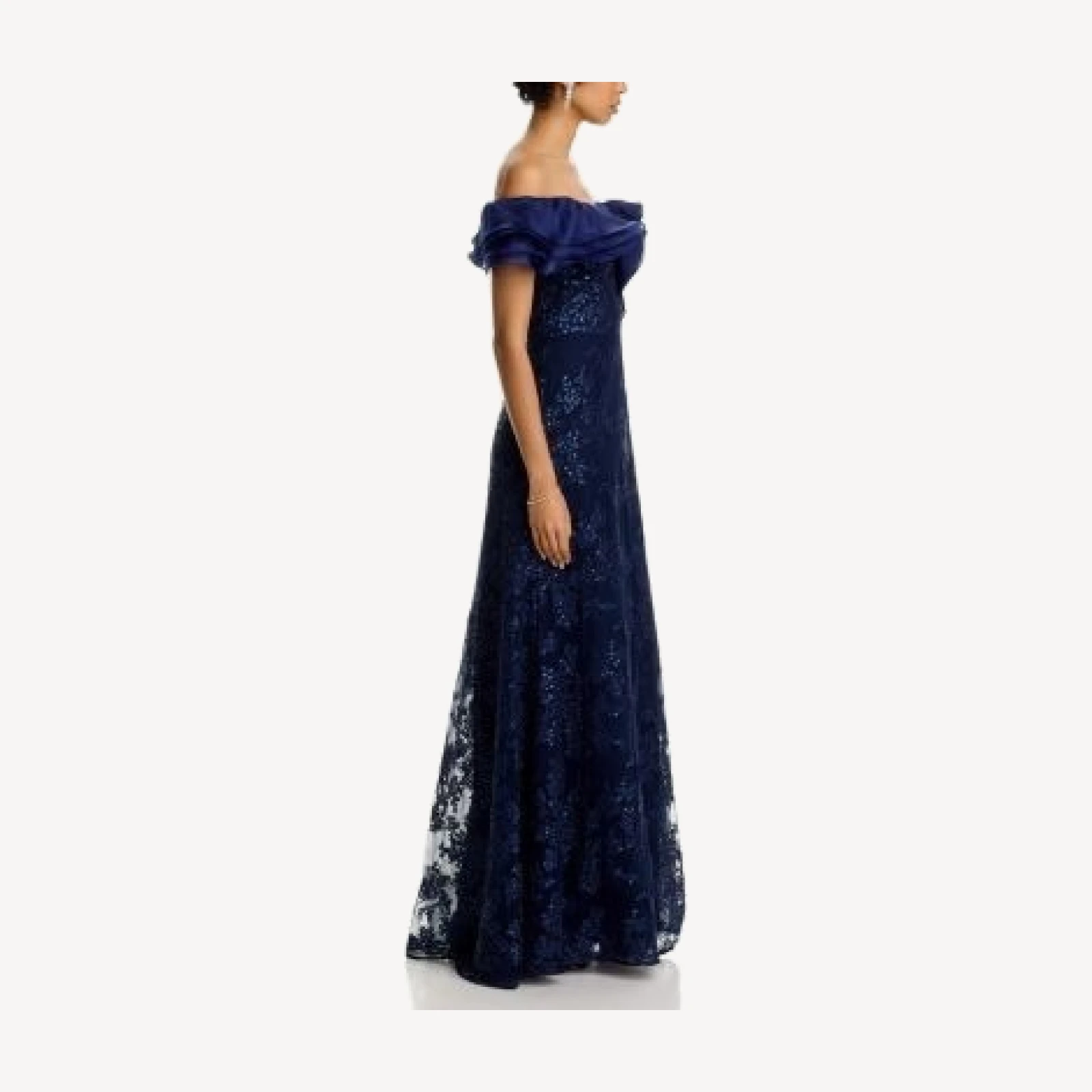Teri Jon by Rickie Freeman Organza Off Shoulder Sequin Embroidered Tulle Gown