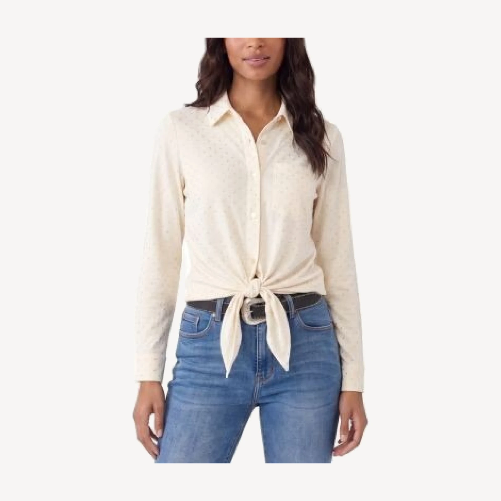 Karen Kane Faux Suede Long Sleeve Embellished Tie Front Shirt