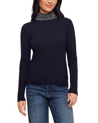 Karen Kane Faux Peal Embellished Turtleneck Ribbed Sweater