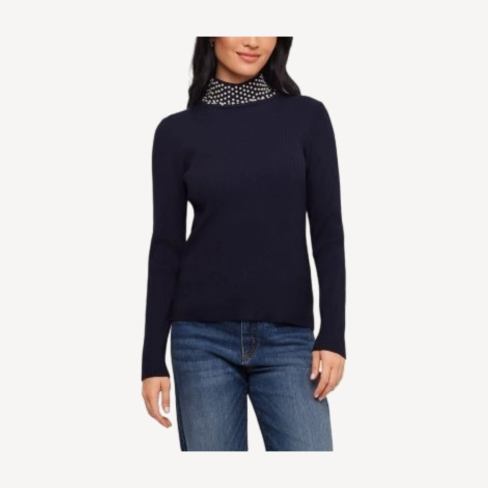 Karen Kane Faux Peal Embellished Turtleneck Ribbed Sweater
