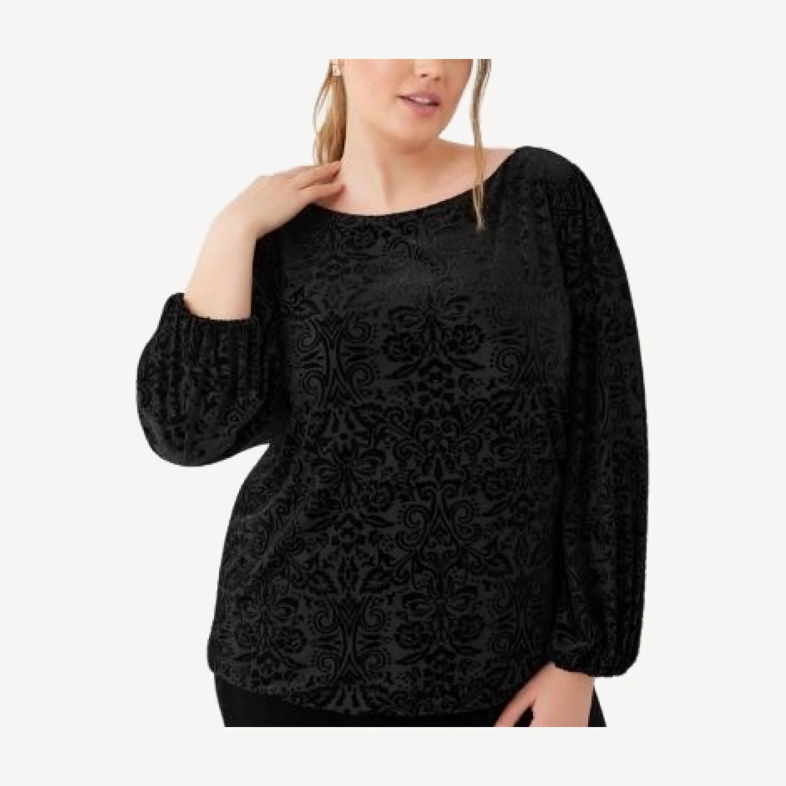 Karen Kane Plus Size Velvet Burnout Boat Neck Blouson Sleeve Top