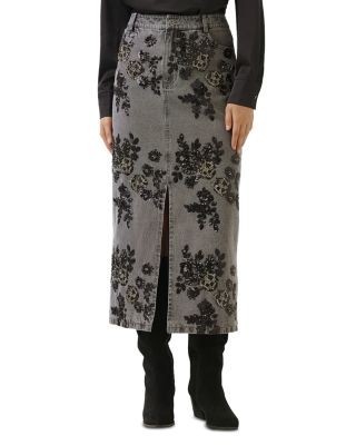 Karen Kane Sequin Pencil Front Slit Midi Jean Skirt in Gray