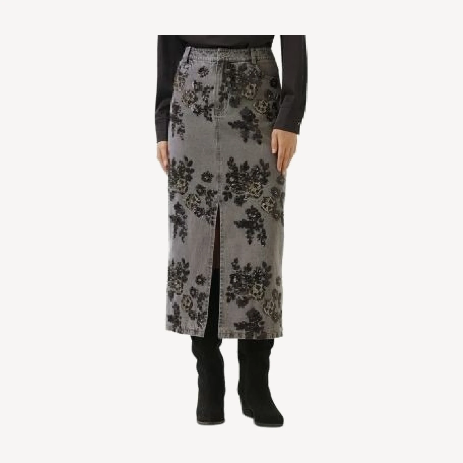 Karen Kane Sequin Pencil Front Slit Midi Jean Skirt in Gray