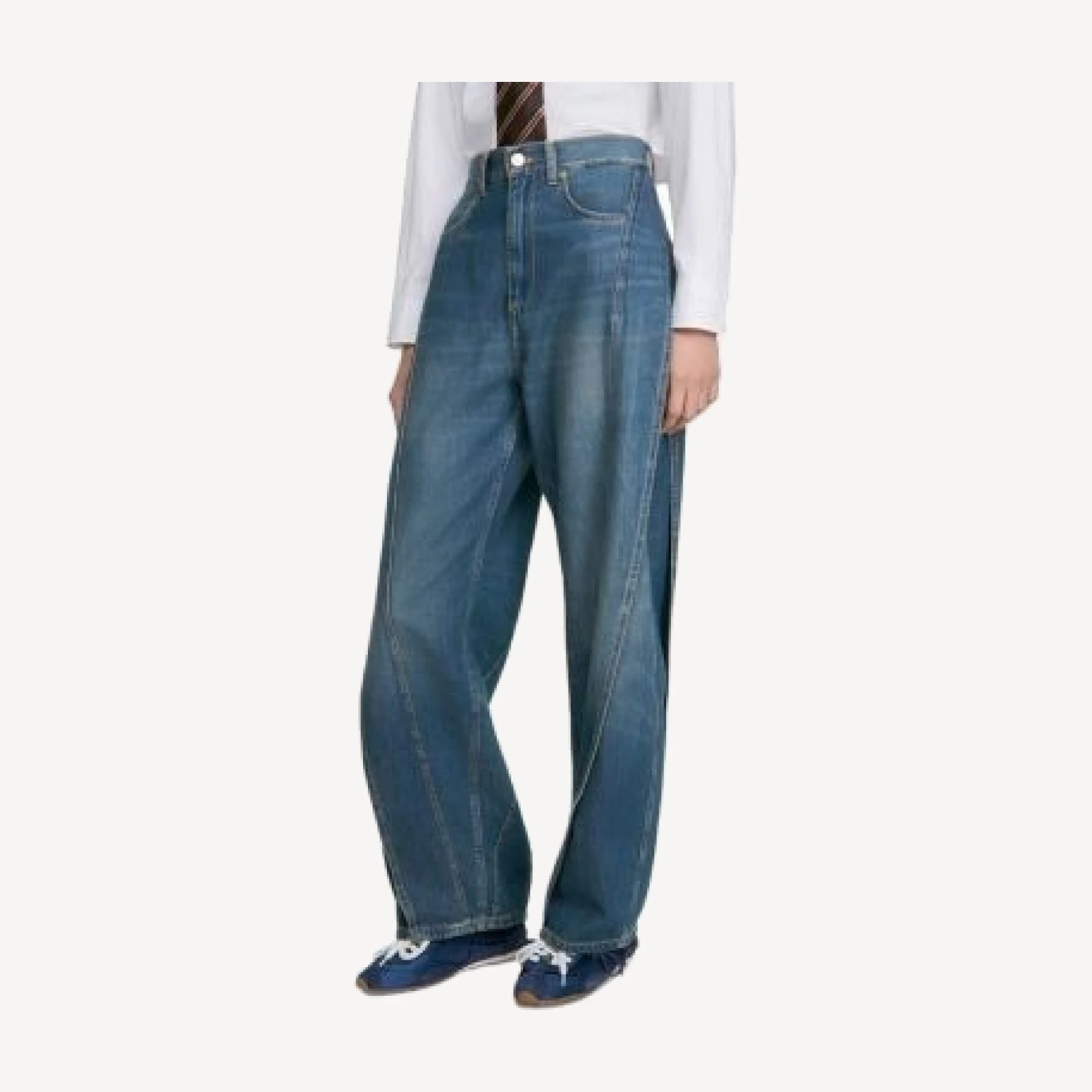 Sandro Topstitched Wide Leg Panel Jeans in Blue Jean
