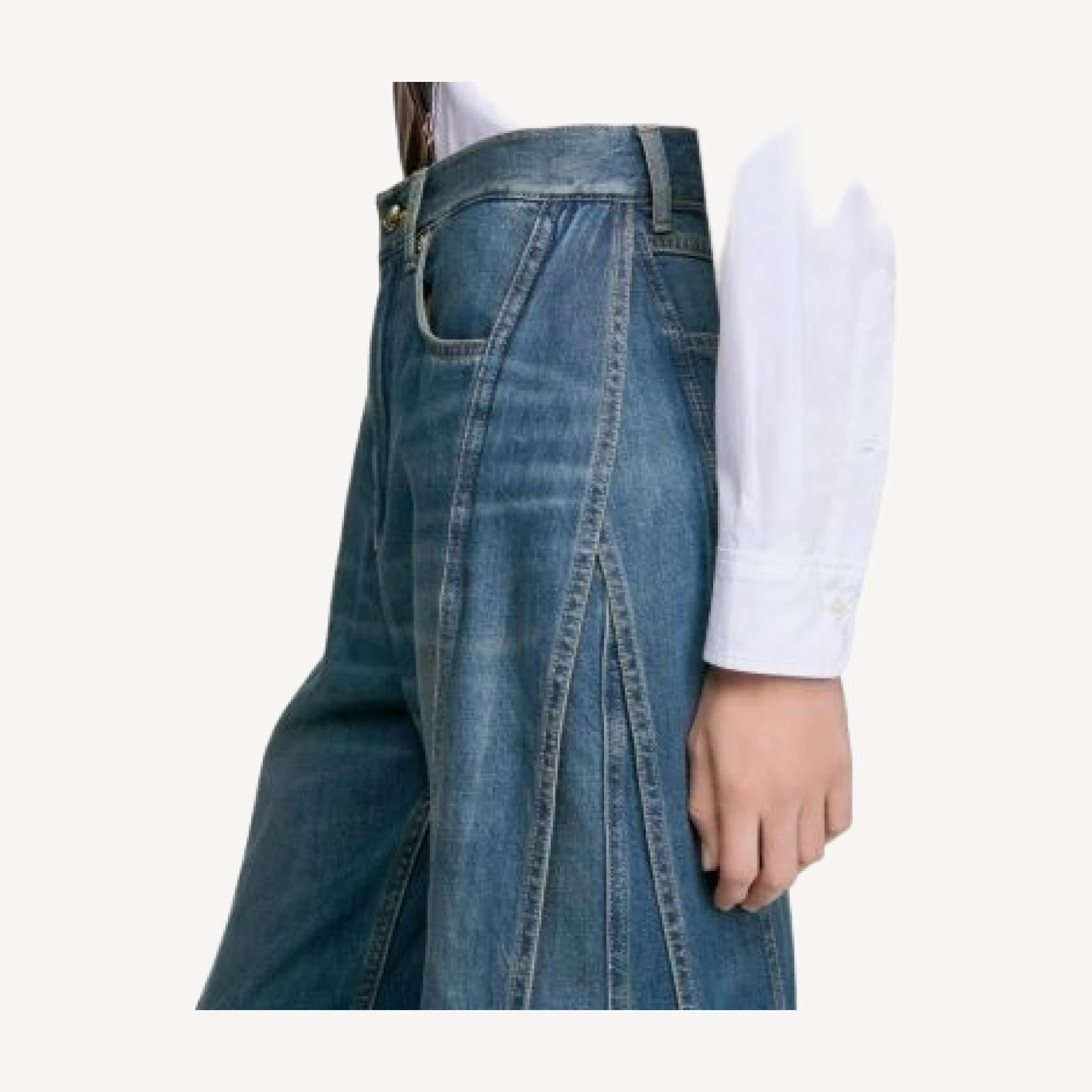 Sandro Topstitched Wide Leg Panel Jeans in Blue Jean