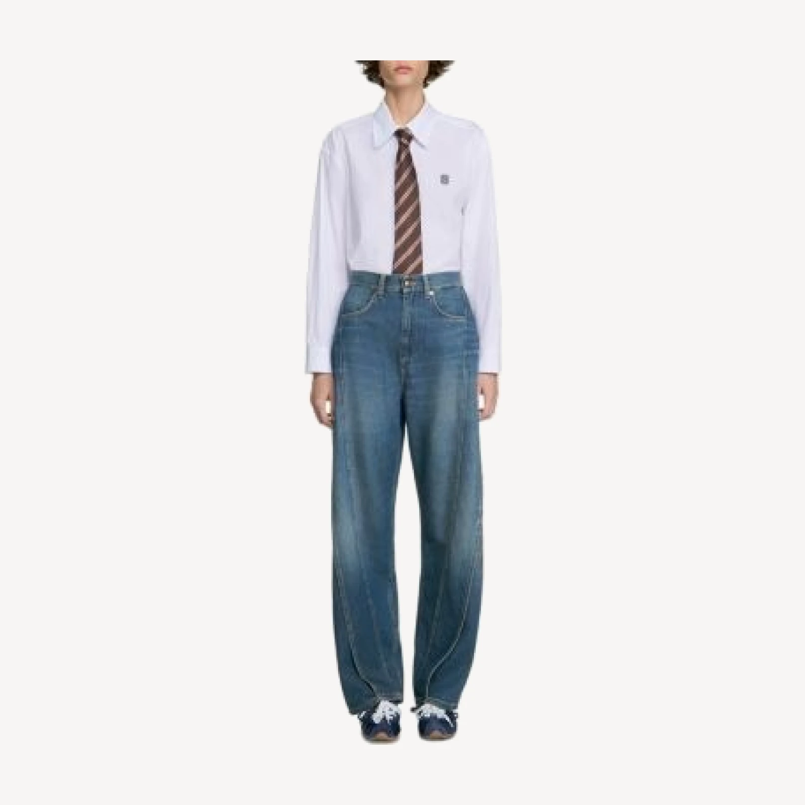 Sandro Topstitched Wide Leg Panel Jeans in Blue Jean
