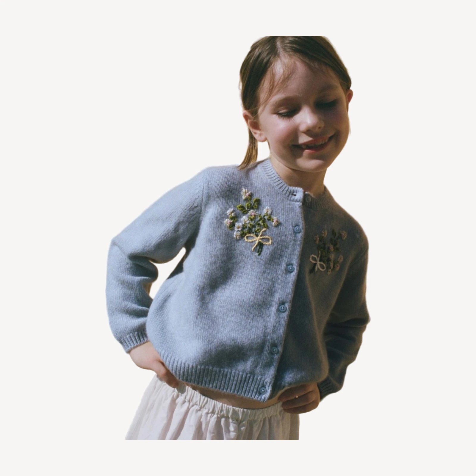 PETIT GARDENIA CASHMERE CARDIGAN -- CLEAR SKY