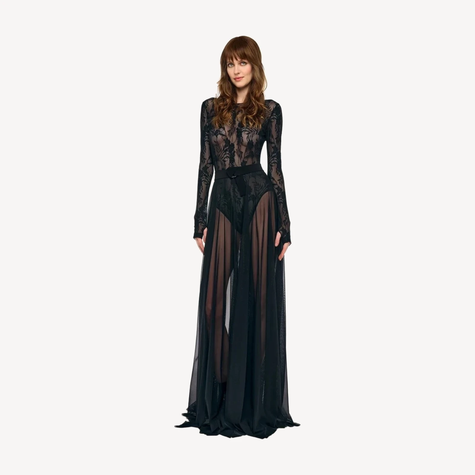 LONG SLEEVE CREW FLARED GOWN