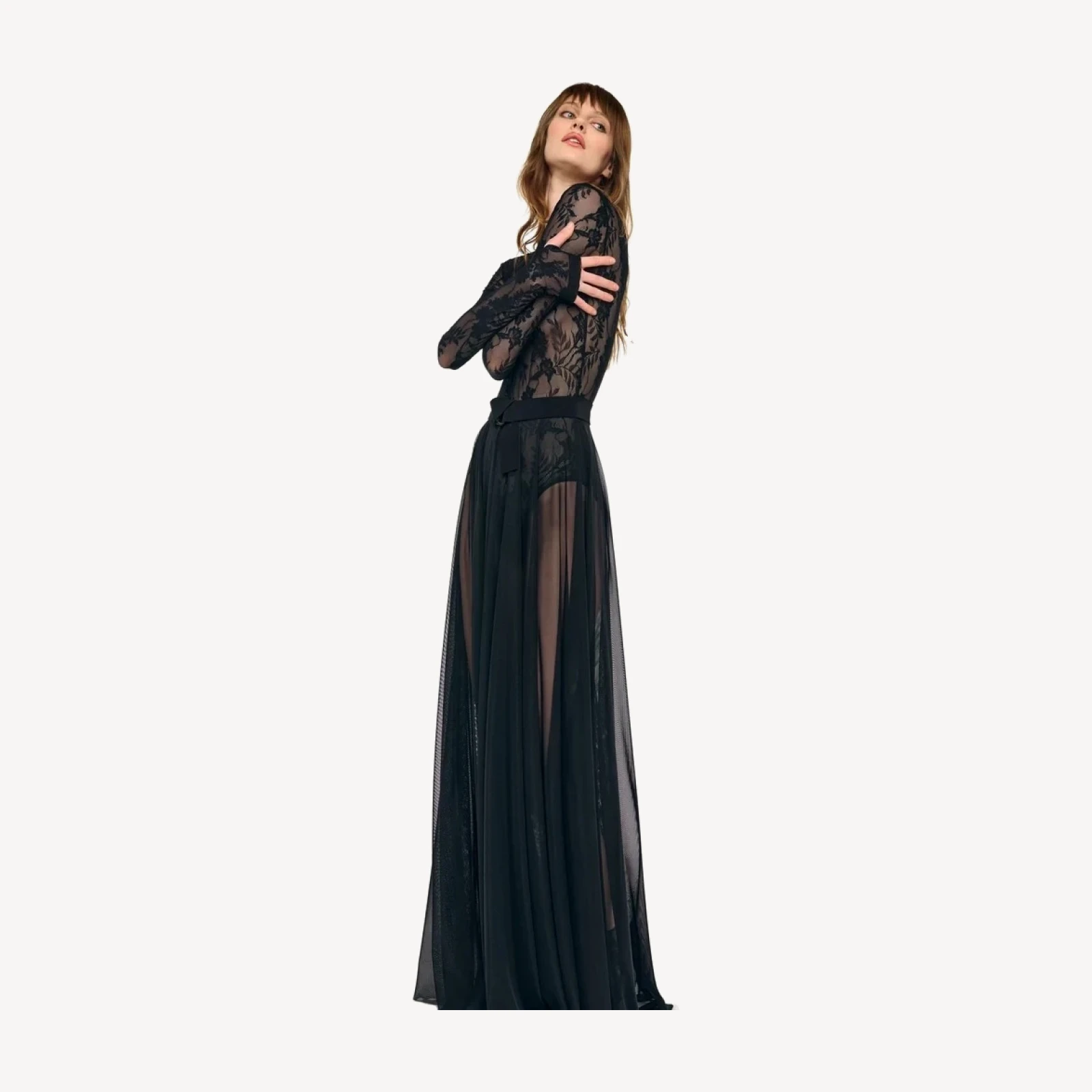 LONG SLEEVE CREW FLARED GOWN