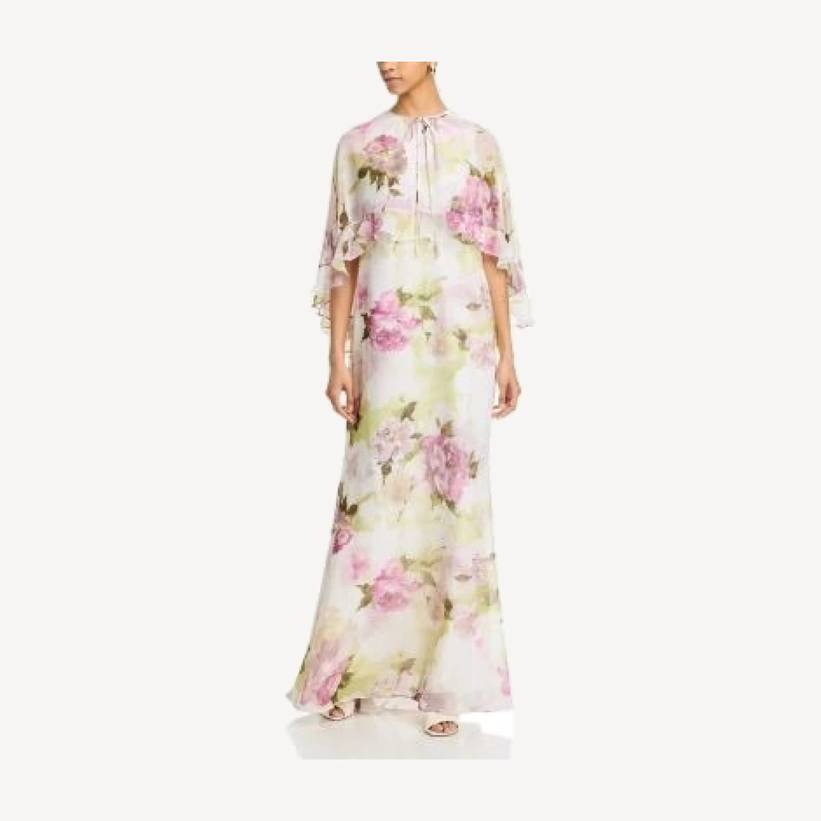 Teri Jon by Rickie Freeman Chiffon Floral Ruffled Capelet Gown