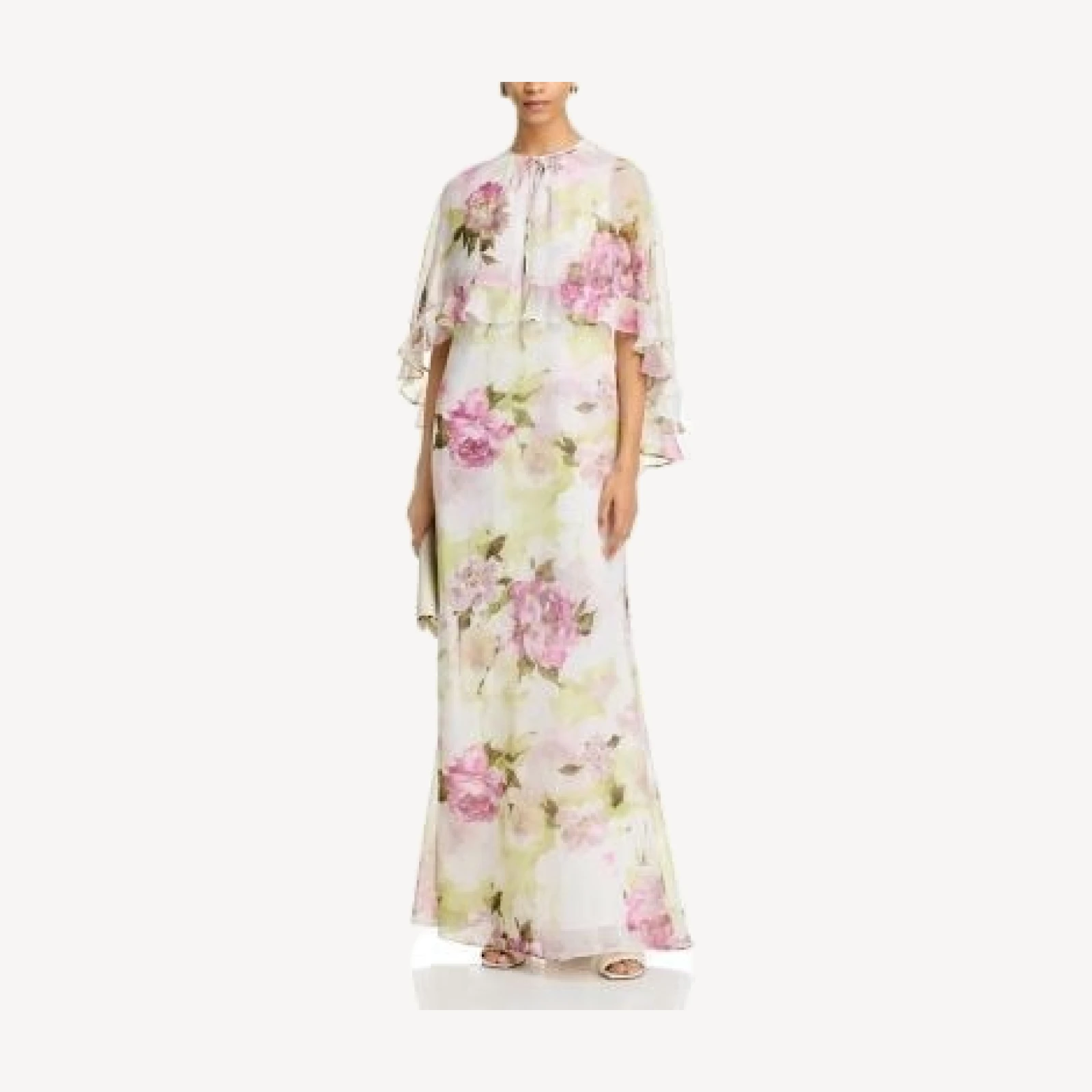 Teri Jon by Rickie Freeman Chiffon Floral Ruffled Capelet Gown