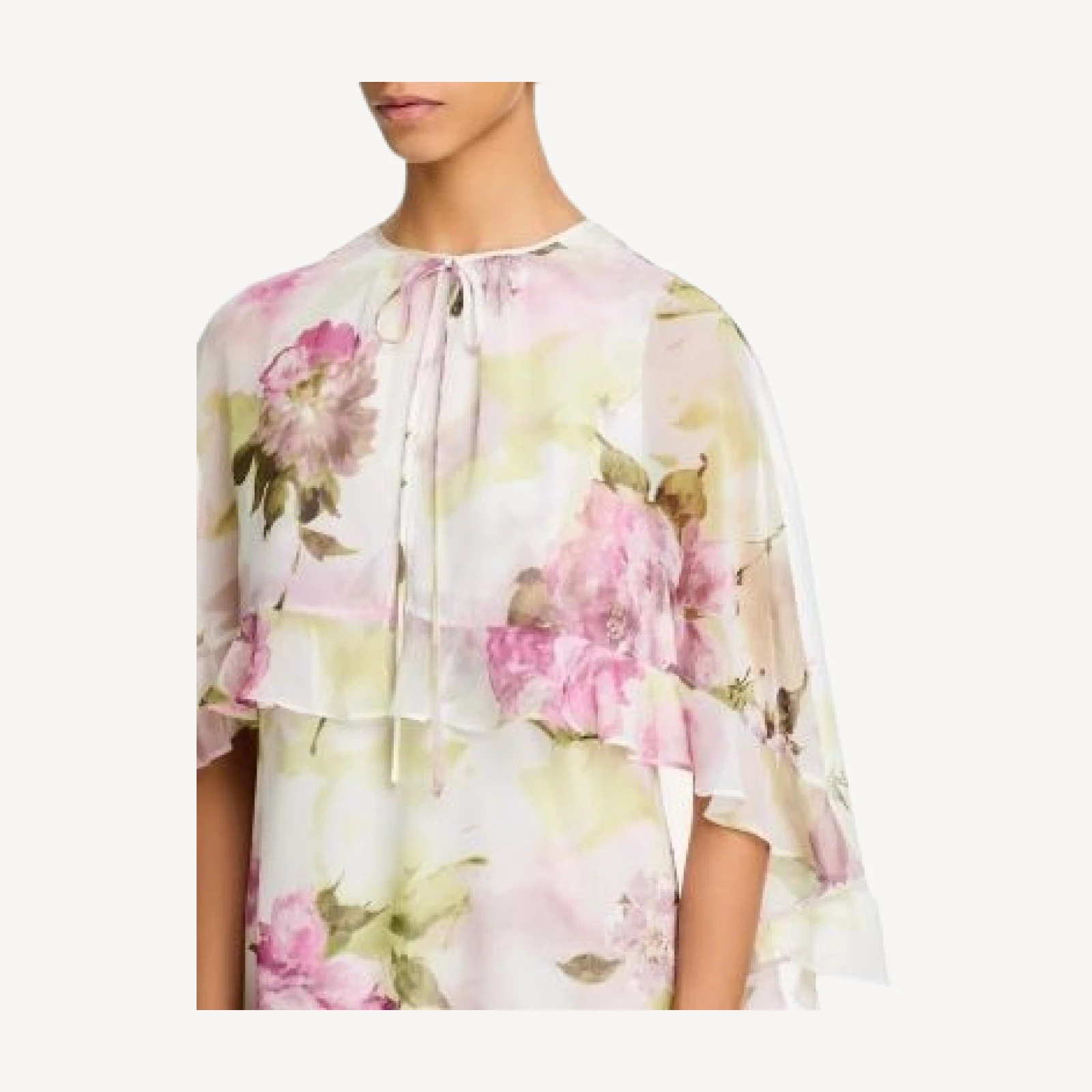 Teri Jon by Rickie Freeman Chiffon Floral Ruffled Capelet Gown