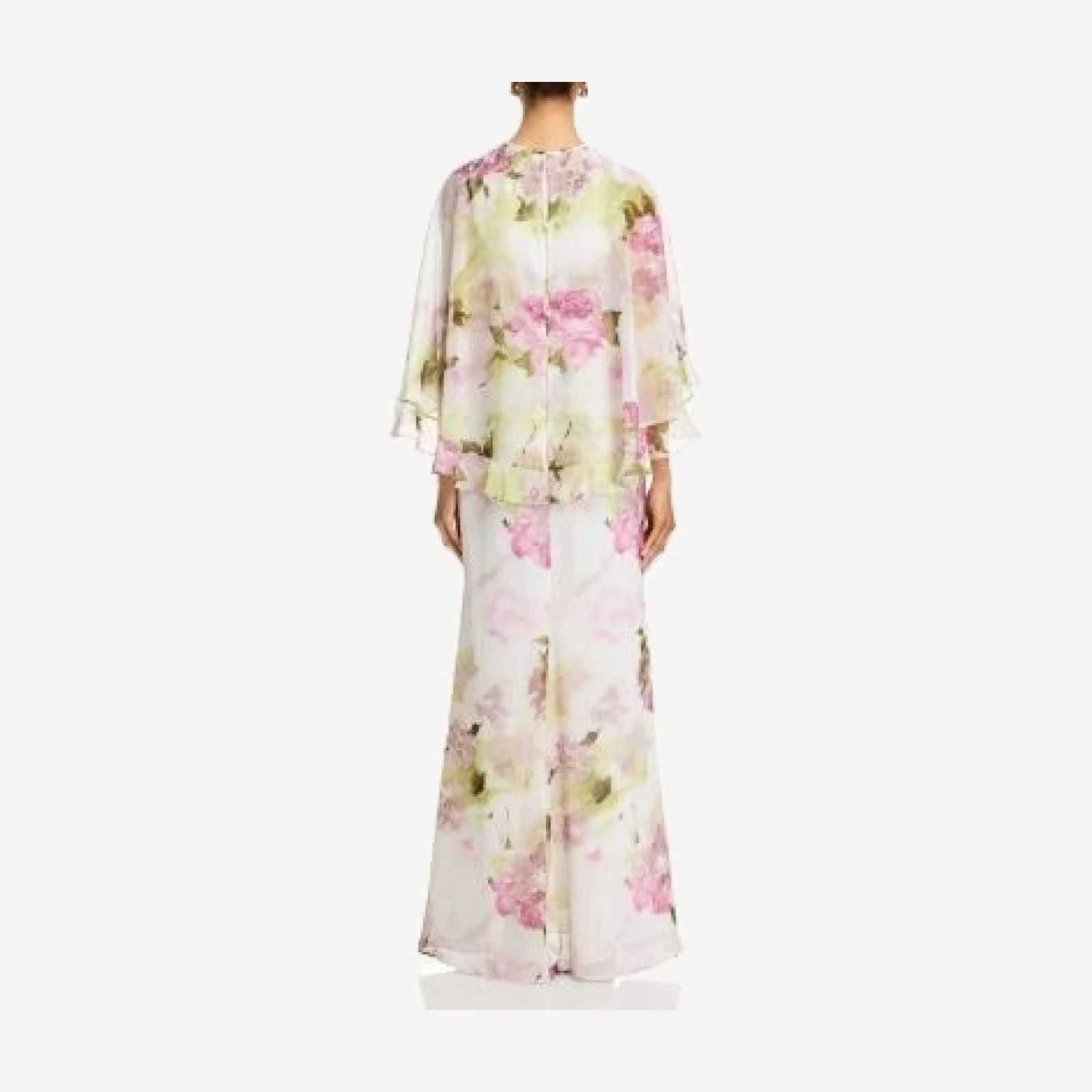 Teri Jon by Rickie Freeman Chiffon Floral Ruffled Capelet Gown