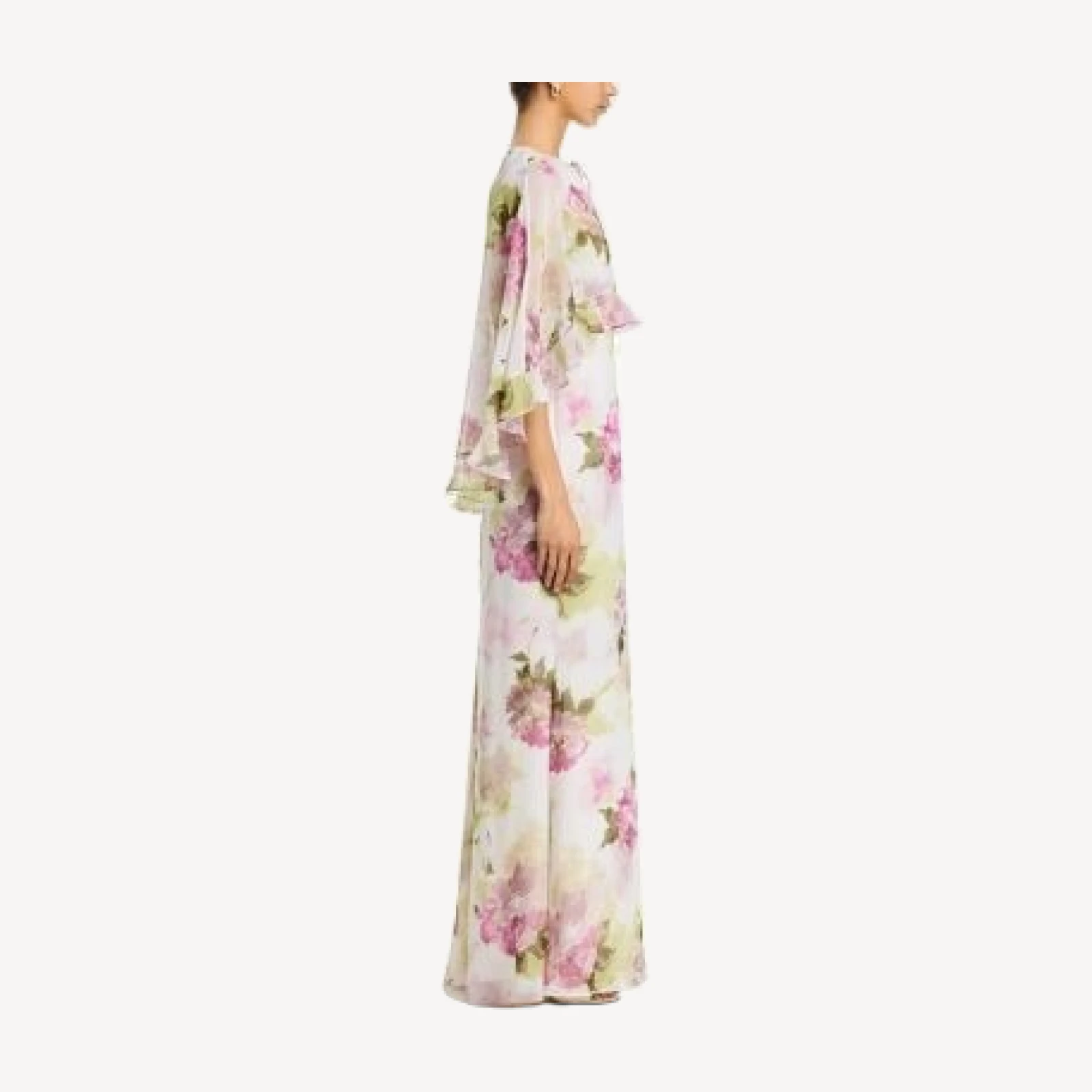 Teri Jon by Rickie Freeman Chiffon Floral Ruffled Capelet Gown