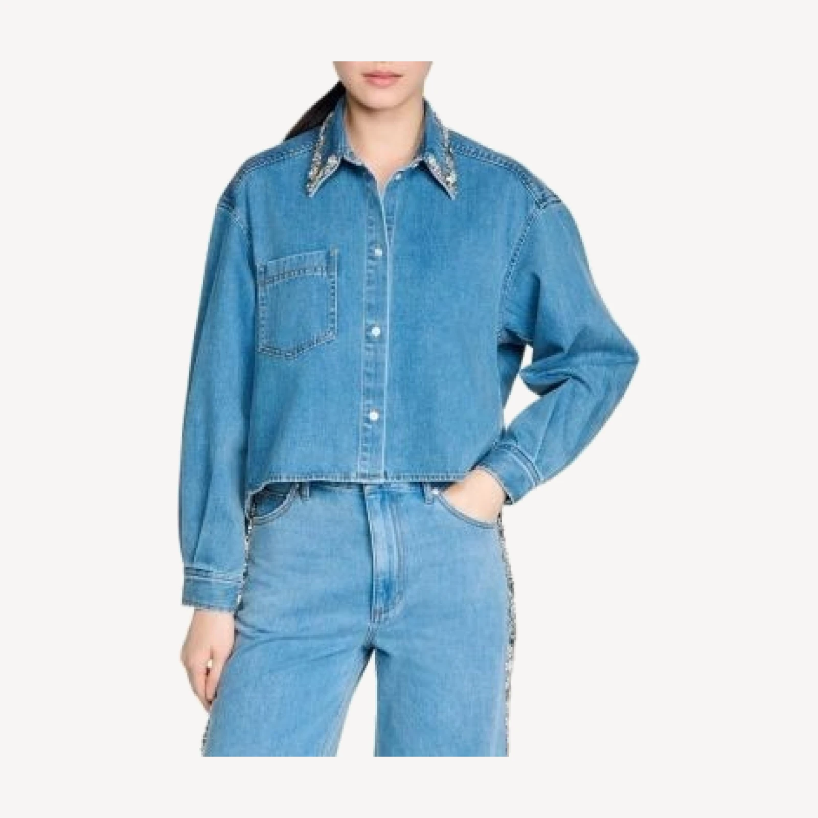 Sandro Carmella Denim Rhinestone Trim Cropped Shirt
