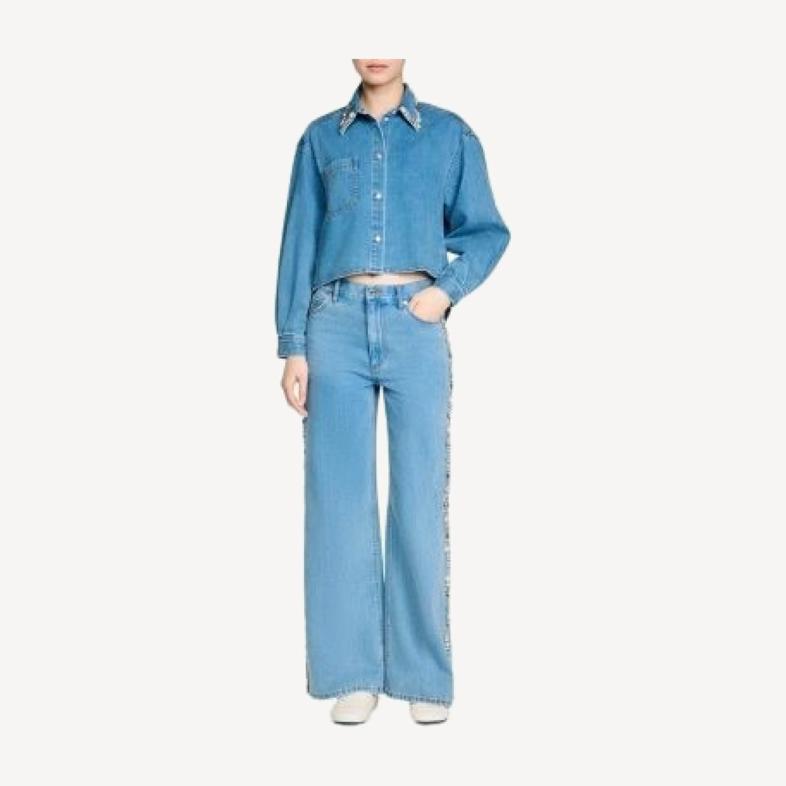 Sandro Carmella Denim Rhinestone Trim Cropped Shirt