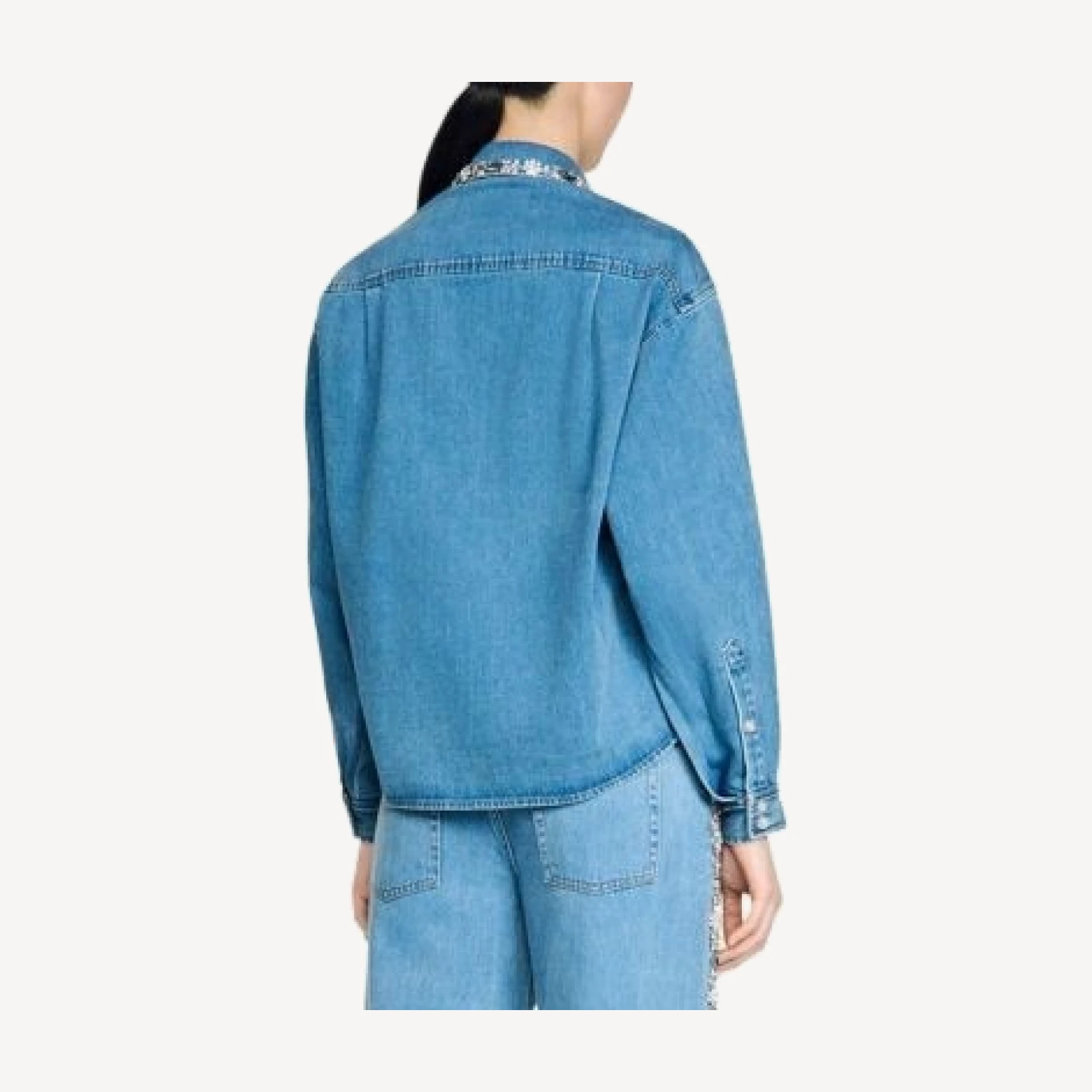 Sandro Carmella Denim Rhinestone Trim Cropped Shirt
