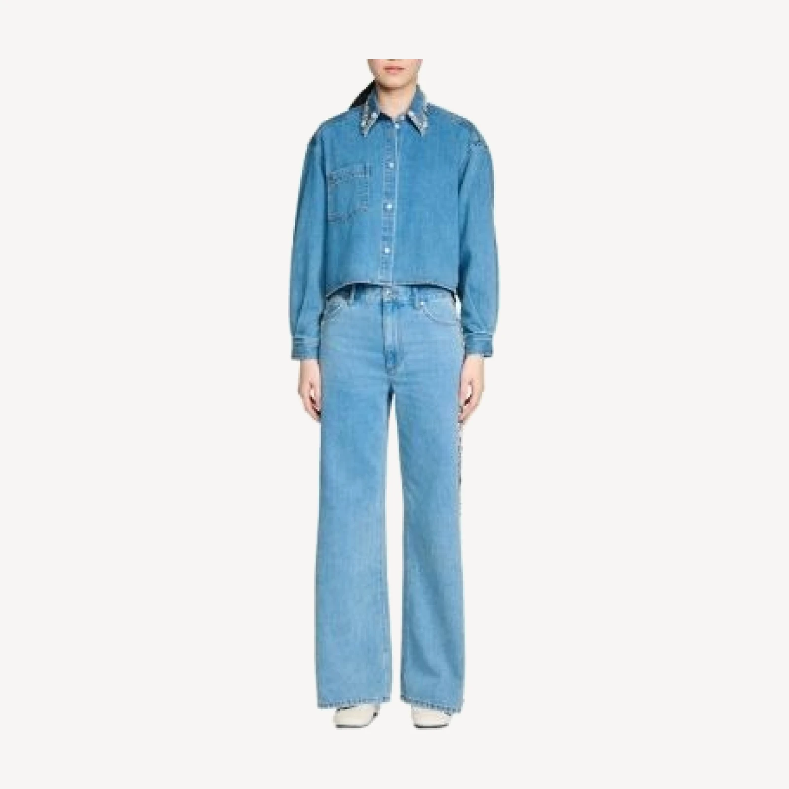 Sandro Carmella Denim Rhinestone Trim Cropped Shirt