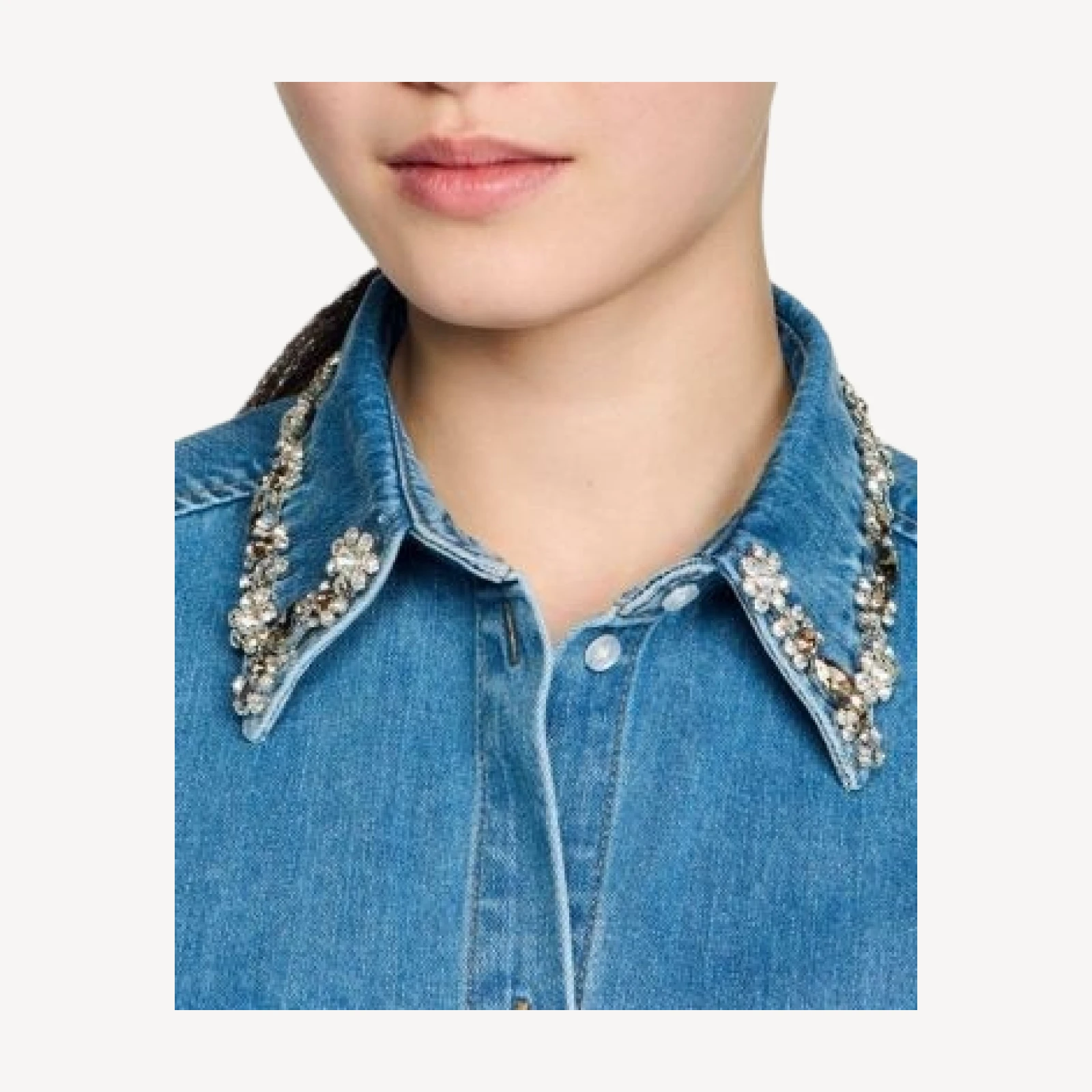 Sandro Carmella Denim Rhinestone Trim Cropped Shirt