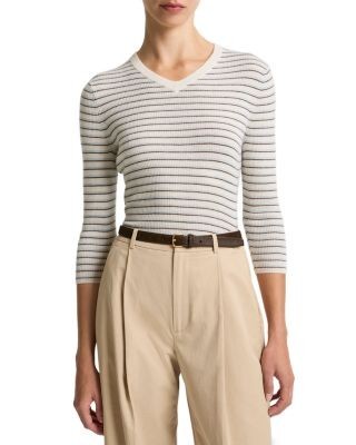 Vince Striped High V Neck Top
